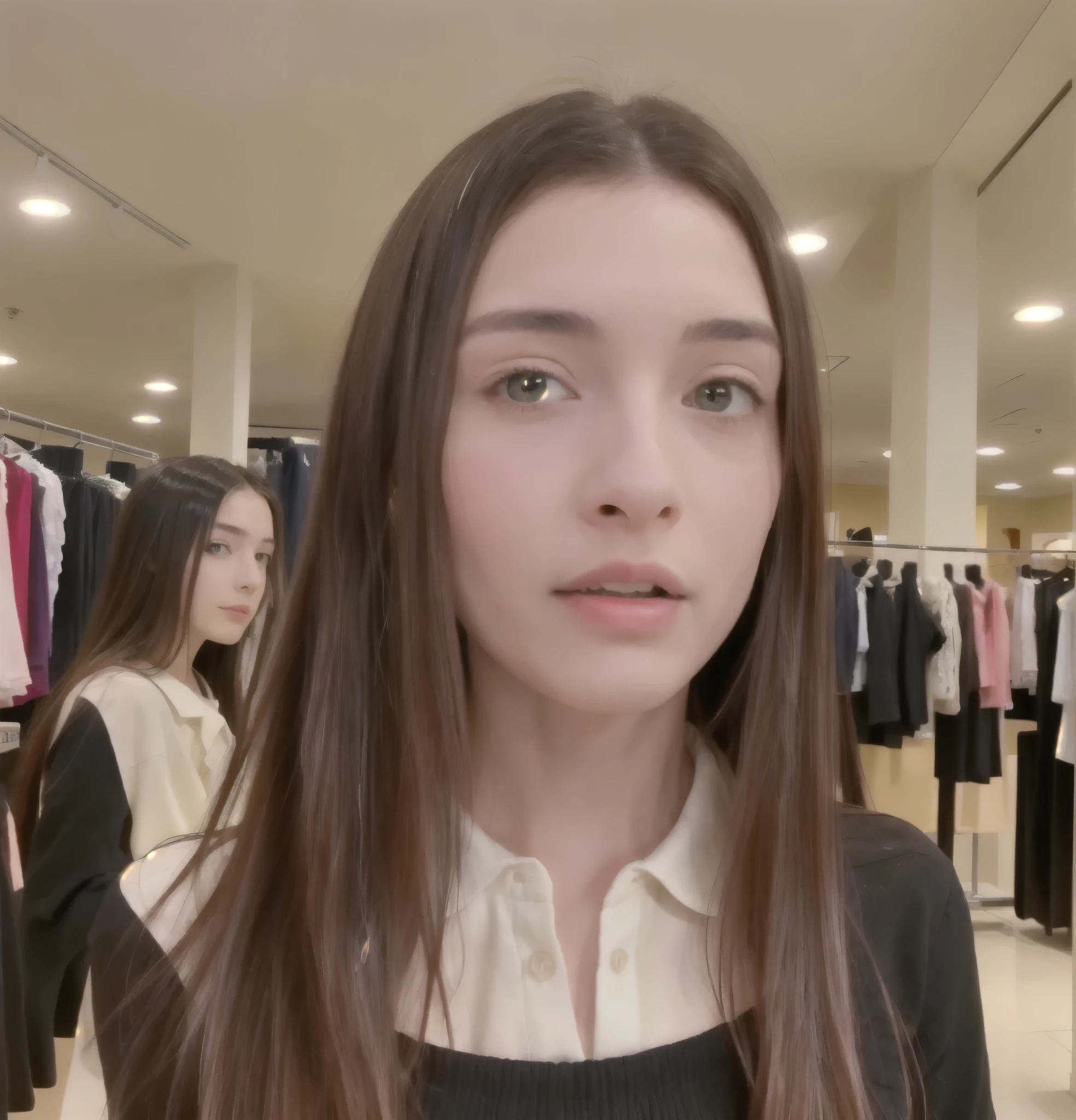 Beautiful woman with real AI, RAW photo, ((in department store interior: 1.4)), pale skin, (Highly detailed skin: 1.5), Detailed eyes: 1.0, High quality lighting: 1.5, Beautiful, (polo, skirt , model legs: 1.5, (High class: 1.8), (Realistic: 1.4), (High quality real skin texture: 1.4), (Improved beautiful skin texture: 1.1) Well detailed eyes, Good quality eyes, Standing, 35 years old, Perfect body beauty: 1.4, Body of desire: 1.2, Body that arouses passions, Your complexion must be impeccable, Show off your attributes physical, Real: 1.6, , (zoom out: 1.4), (best quality)), ((masterpiece)), (detailed), perfect face, long hair, (textures!, hair!, brightness, color!, specular lighting, DSLR, ultra quality, f.1-Portrait V6MAX V6MAX, f.1basic algorithm model-leebu executable online f.1-dev-fp8, f.1 -Portrait V6MAX V6MAX, firm posture
