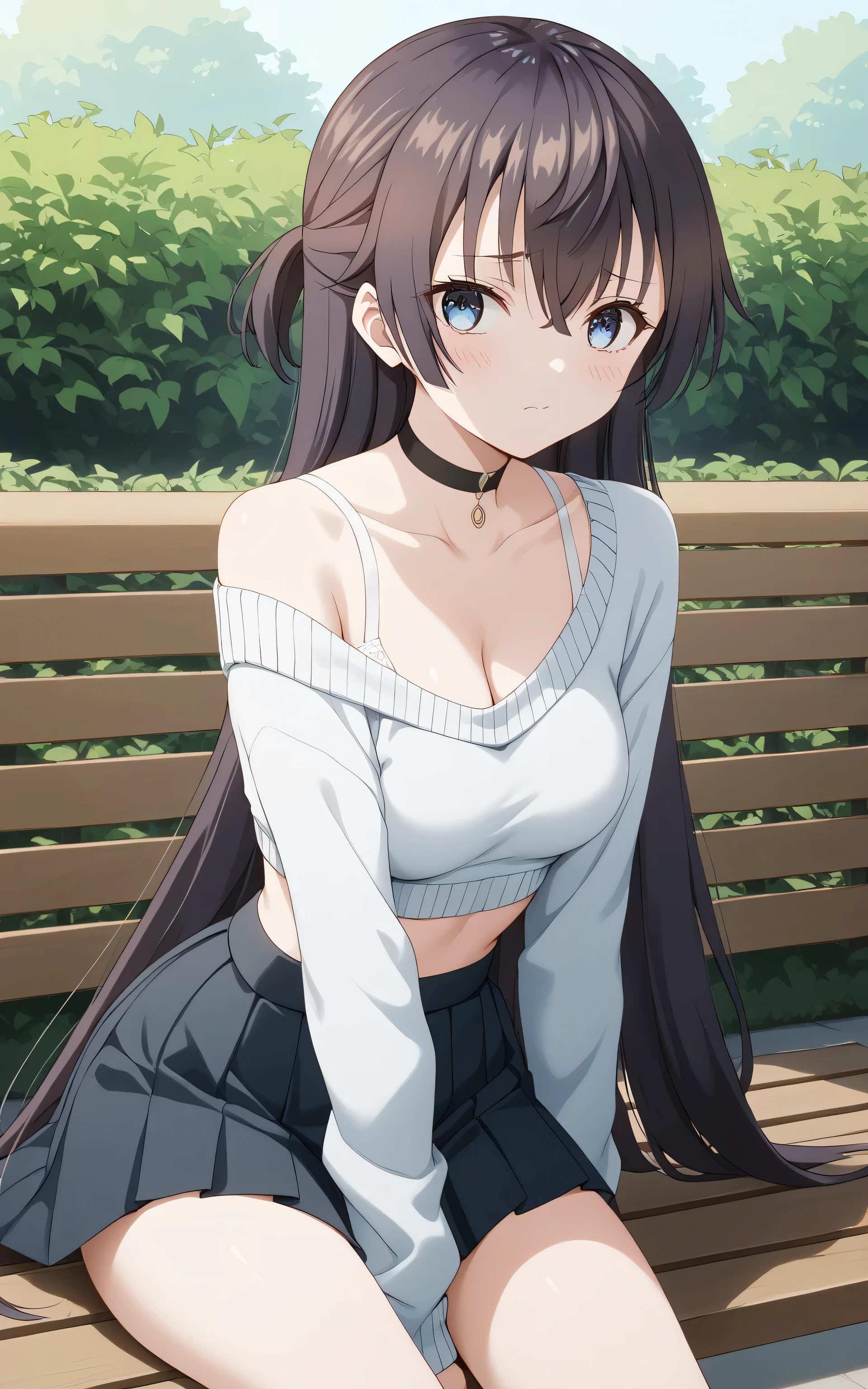 upper body, Yuki suou, anime style, Random Sexy pose , ((Ultra detailing)), (very aesthetic, best quality, ultra detailed), intricate details,
1girl, Long hair, blue eyes, sharp jawline, long hair, shy, medium breast, wearing sweater, Crop top, cleavage, skirt, choker) (Garden, Sit on Park bench)