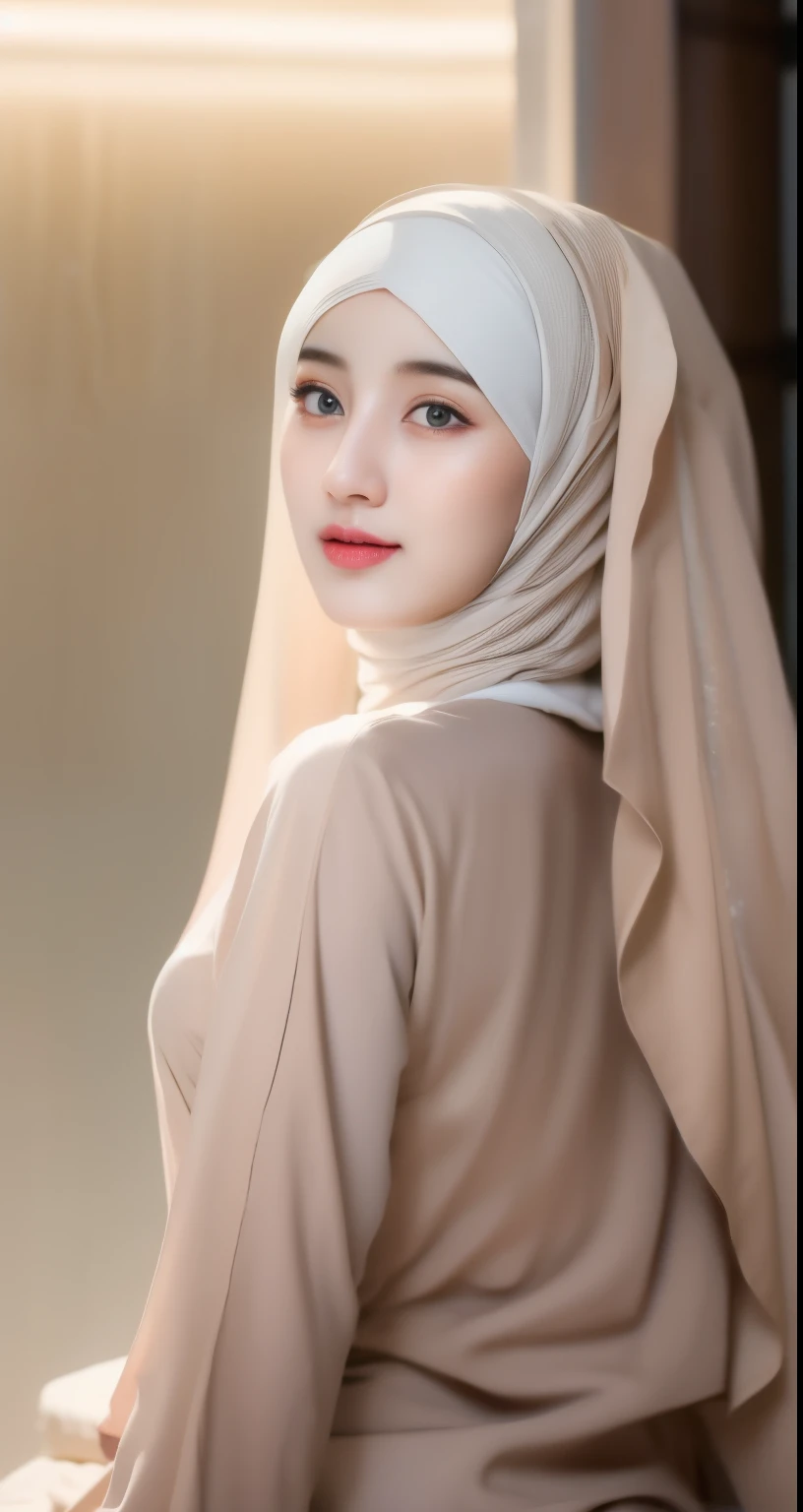 1girl hijab, (hijab), sitting thigh, long hijab, fashionable clothes, prominent breasts, elegant side profile, graceful expression, detailed face, delicate features, beautiful eyes, detailed lips, cinematic lighting, warm color tones, photorealistic, high quality, masterpiece, ultra-detailed, realistic, vibrant colors, studio lighting