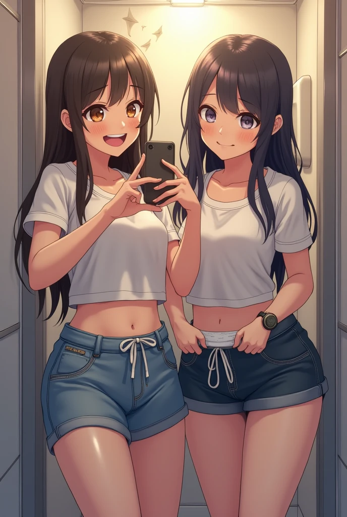 In 8K, highest quality, The real picture, Intricate details, Ultra-detailed, Super A High Resolution, Depth Field,(Photorealistic,Realistic:1.2),masterpiece, 0.25 :: , 、Two Girls、、Black Hair、side tail hair、In underwear、White panties、White bra、Standing posture、smile、locker room、from front,cameltoe,