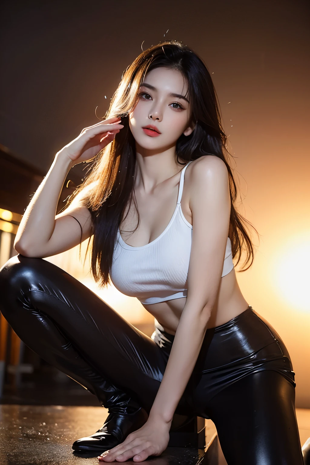 1 woman、Korean、Korean、cyberpunk suit、latex miniskirt, smooth rubber、tight suit、chest chuck、intricate details、high quality、(upscale:1.4)、Staring at me、ultra realistic 8k、Perfection face、perfection、clean、masterpiece、professional artwork、famous works、Perfection face、beautiful expression、beautiful eyes、short black hair、high heels、wet hair、very big breasts、best image quality、natural background、(focus on chest)、No pants, (RAW Photography:1.2)、top-quality、white, a beautiful detailed girl、tight water suit、latex wet suit, a smile、Twin-tailed、extremely detailed eye and face、beatiful detailed eyes、huge filesize、hight resolution、hight resolution、8k wallpapenely detail、Highly detailed ticker uniform 8k wallpaper、Light on the face、movie lighting、18-year-old girl、sexy pose、(photorealisim:1.4)、illustratio、surrealism、 frombelow、super detailing、masterpiece