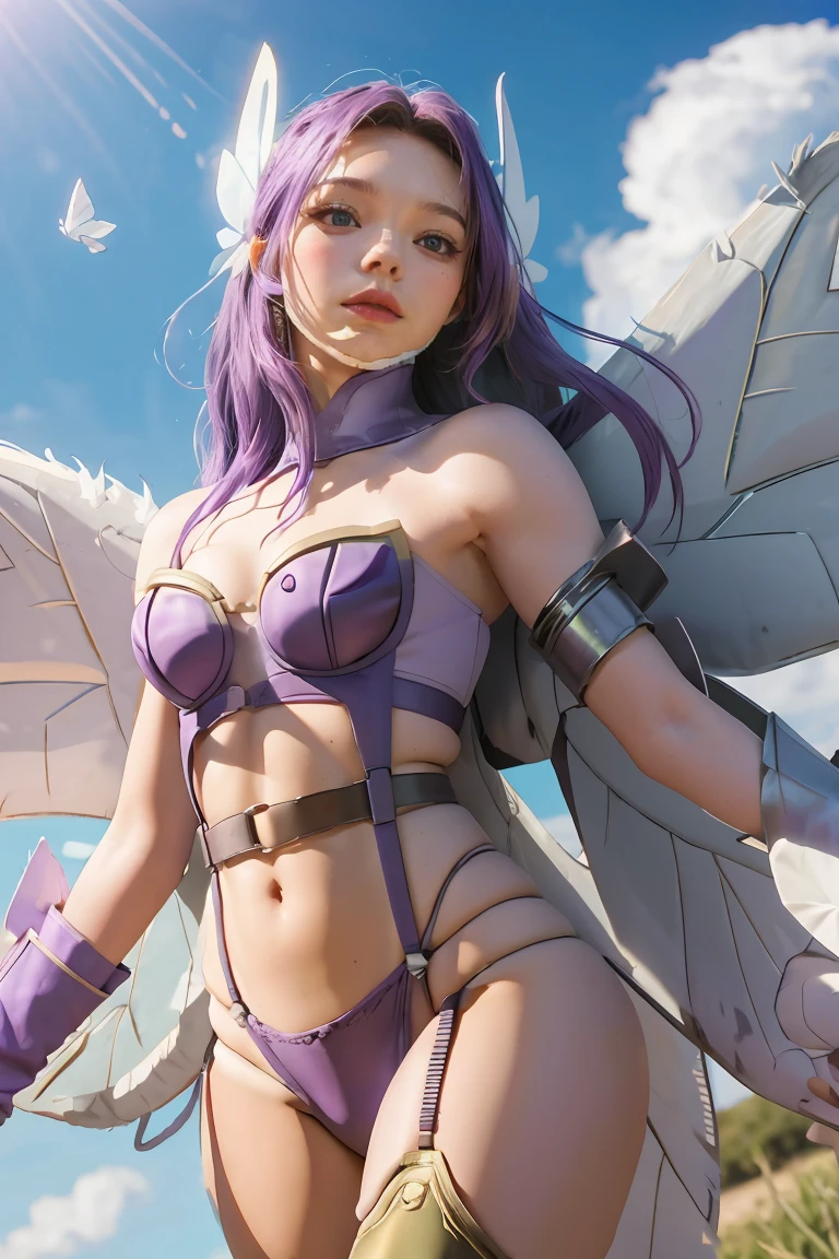 good anatomy, masterpiece, best quality,realistic, hyperrealistic, 16k hdr,TKNAlisa, 1girl, solo, blue eyes, pink hair, flower, mechanical wings,medium breasts,cleavage,cameltoe,dynamic pose,fighting pose,spread legs,from below