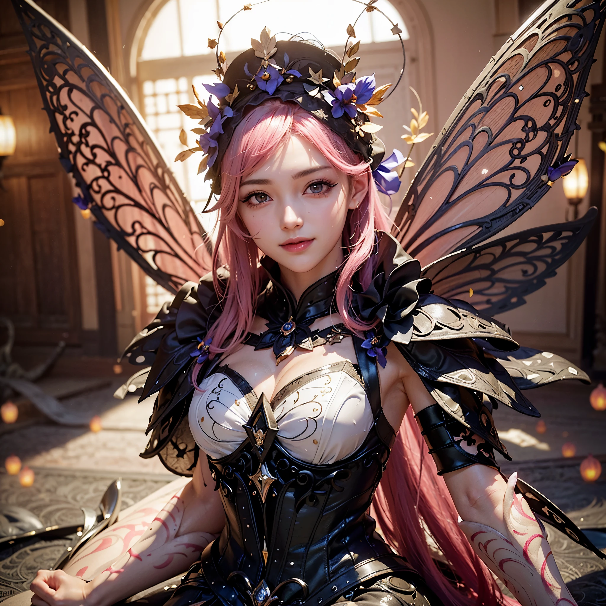 elvish ears,Purple and black suit,Long legs,Colorful butterfly wings,Skysky,Moon,Fly hand in hand with girls