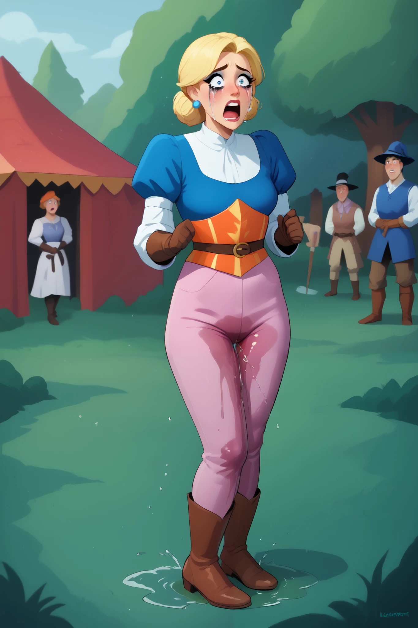 8k high resolution, best quality, dutch girl, 22 years old, short blonde hair, decent makeup, medieval fantasy, fancy knight armour, cowardly female knight, standing in forest, scared, shocked, eyes wide open, crying in fear, tears running down her cheeks, smeared makeup, battle in the backround, terrified, peeing her pants, pee pants accident, visible wet pants, peeing herself, cowardly, totally scared, horrified, omo wet pants, inexperienced knight