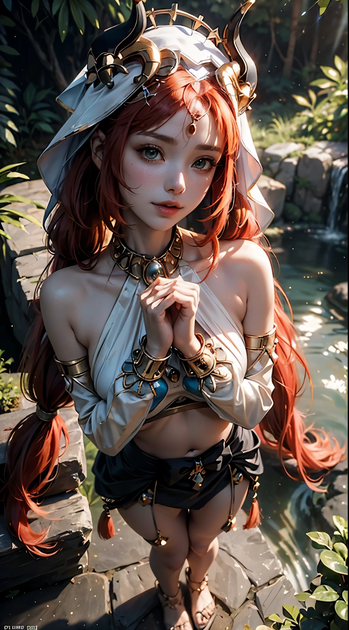 Landscape of a very beautiful woman, (((face exposed)))!!!, (cowboy shot), (((front focus))), (((background Blurry))), Bokeh, lens flare, photography with Fujifilm XT3, depth of field, film grain, female focus, BREAK, Nilaou/(Genshin Imapact/), anime style, (((standing at near nature waterfall)))!!!, ((morning))!!!, ((cactus all around_water flow under))!!, (looks at the audience with beautiful cyan iris like zambrud)!, Ultra detailed eyes, ((Beautiful light cyan pupil's eye's like zambrud :1.40))!!, Stars in her fixed eyes, (homochromatic eyes)!!!, wry smile, long sleevemouth, (thin fresh peach lips)!, (Blush)!, (((blush face)))!!!, Perfect nose, Cute little nose, beatiful face, Face Clean, realistic Skin, hyper realistic, Perfect eyebrow appear through red hair, red hair bangs, (ultra shine red hair)!!, (((long straight twintail red hair)))!!!, (((twintail hair)))!!!, (((white veil over head)))!!!, (((((symmetrical black horn accesory overhead_golden crown)))))!!!!!, ((Golden nacklace_Orb Jawelry))!!, ((dynamic composition)), BREAK, detached sleeves, bare shoulders, /(((wear original costume of Nilou Genshin Impact)))!!!, (((bra top_navel)))!!!, (((elbow groove_arm warmer)))!!!, plump breasts, (((plump breast covered with bratop))!!, slim legs, open smooth thigh, Asymmetrical golden gartee, (((long high slit wrap skirt_Tassel)))!!!, Tassel,  (((bowtie&orb under navel)))!!!, (Golden Gladiator Sandal highheels)!, vivid color clothes, detailed realistic clothes, BREAK, Best Quality, Masterpiece, Ultra-detailed, Beautiful, hight resolution, Original, CG 8K, perfect photo, dramatic  lighting, Beautiful lighting, (((Realistic fantasy art)))!!!, Realistic, Full HD, Best Quality, award winning, (8k wallpaper of extremely detailed CG unit), High Details, sharp-focus, The art of dramatic and photorealistic painting, ((at wild nature_waterfall)), dynamic composition, breathtaking rendering, deep shadow