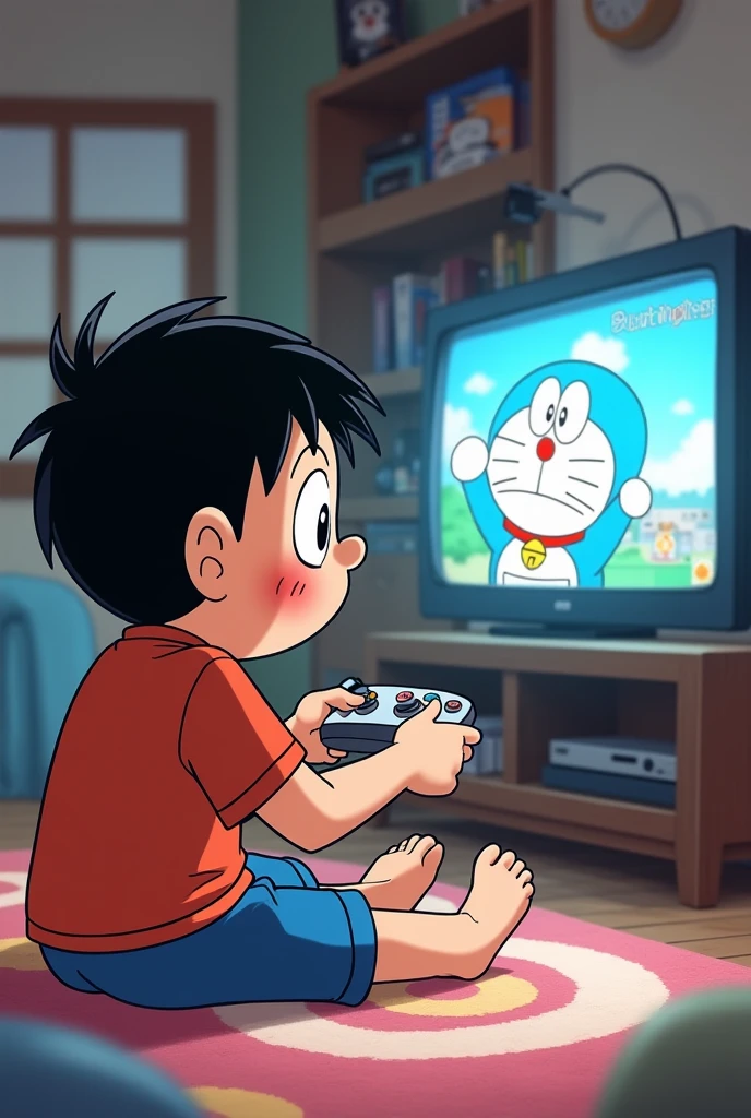 Create a kid image with tv watching doremon 