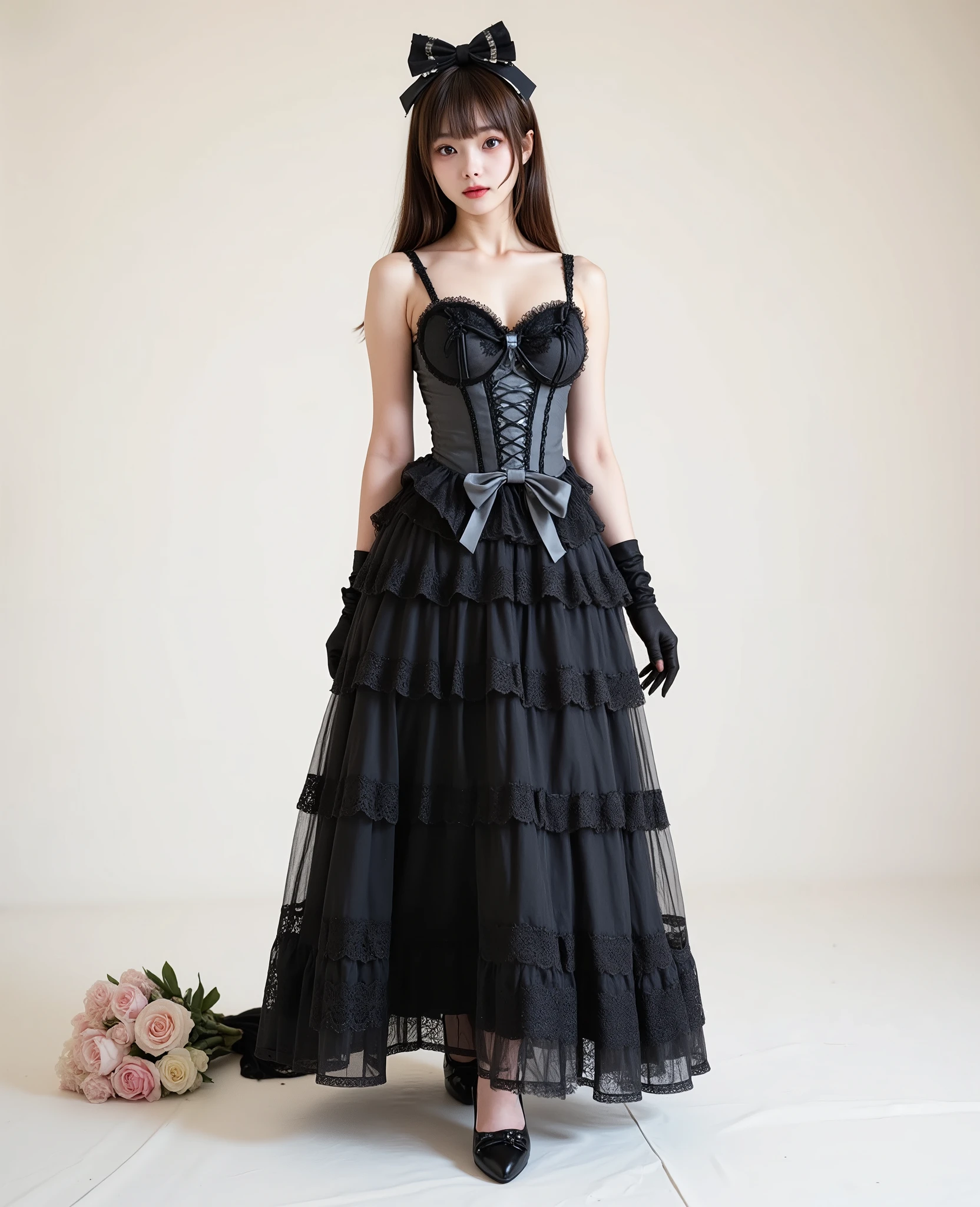 1girl, Full-length shot of a girl, 19 years old, likely East Asian, in a detailed black gothic lolita dress. The subject is positioned in a slightly angled, walking pose, facing the camera. Her expression is serene and composed. She wears a black, lace-trimmed, sweetheart neckline corset bodice with intricate details and visible stitching. A wide, gray-toned satin ribbon cinches the waist. A floor-length, sheer black tulle skirt with delicate lace detailing overlays a shorter black dress, creating layers. She wears long, black lace gloves that extend just past her wrists. Her long, dark brown hair is styled in a neat bun with a black bow atop her head. The soft, natural light and soft shadows create a romantic aesthetic. The image showcases a subtle color palette, mainly black, dark gray, and white, with the natural color accents of the flowers in the background. The background is a plain, off-white backdrop. A bouquet of light pink and white flowers sits on the ground next to the figure; it serves as a soft, pastel contrast to the dark clothing. The shoes are pointed-toe high heels, black, and embellished with black faux fur feathers. The pose, lighting, and dress style suggest a fashion or editorial photoshoot. The overall style is romantic gothic lolita, emphasizing detailed textures and lacework.
