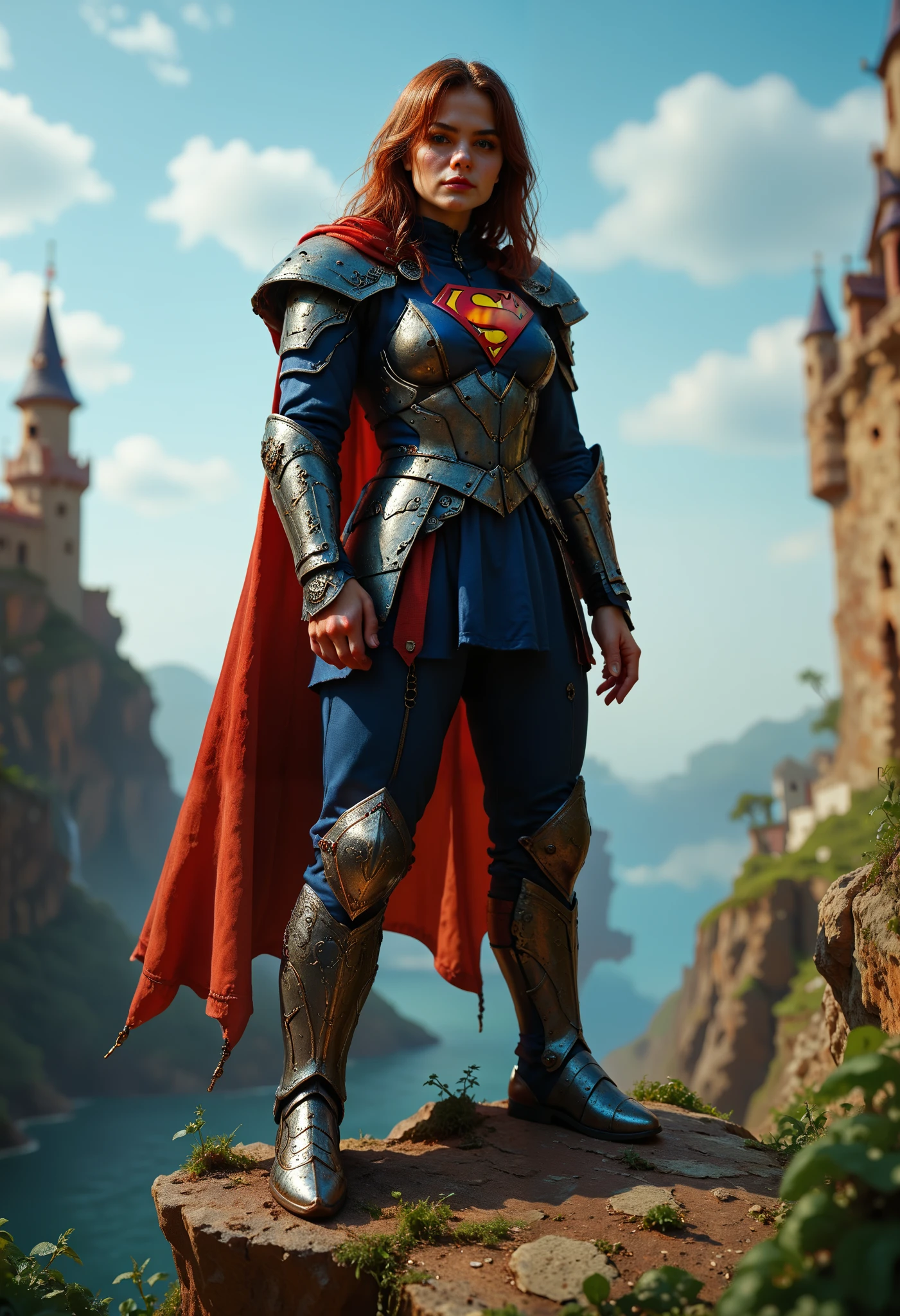 safe_pos, (score_9, score_8_up:1.1), score_7_up, photorealistic,                                                (superman) as a dark-knight in medieval times wearing (dark-metallic-armor) (nighttime) outside on cliff castle in background lightning flowing cape cowboy-shot low-angle, confident-pose intense-stare,                                                                absurdres, masterpiece,, Expressiveh, flux-style ((masterpiece, Highest quality, Best image quality, High resolution, Realistic, RAW Photos, 8k, Highly detailed)) 4lch3my_l4b CyberRealistic_Negative_PONY
