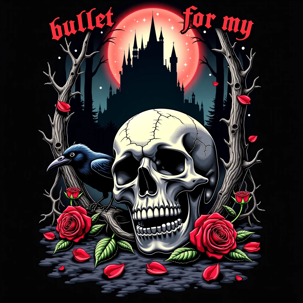 Logo design for a skull with a guitar and roses on it with a banner, skull design for a rock band, punk , close up guns and roses, rockabilly, colored illustration for tattoo, rockabilly style, style of hydro74, heavy metal tshirt design, heavy metal art style, punk art, sailor jerry tattoo flash, pop punk art style, punk rock poster, burlesque psychobilly,white background,no template,professional,high contrast,high resolution, Ultra-detailed, vivid colors, metallic details, sharp focus, edgy, dynamic composition, sandy texture, rough brush strokes, mechanical elements, Chrome effect, classic typography, retro style, distressed look, aggressive lines and curves, 3D rendering, stunning visual impact ,dark shadows,strong brand presence,monochromatic palette,industrial aesthetic