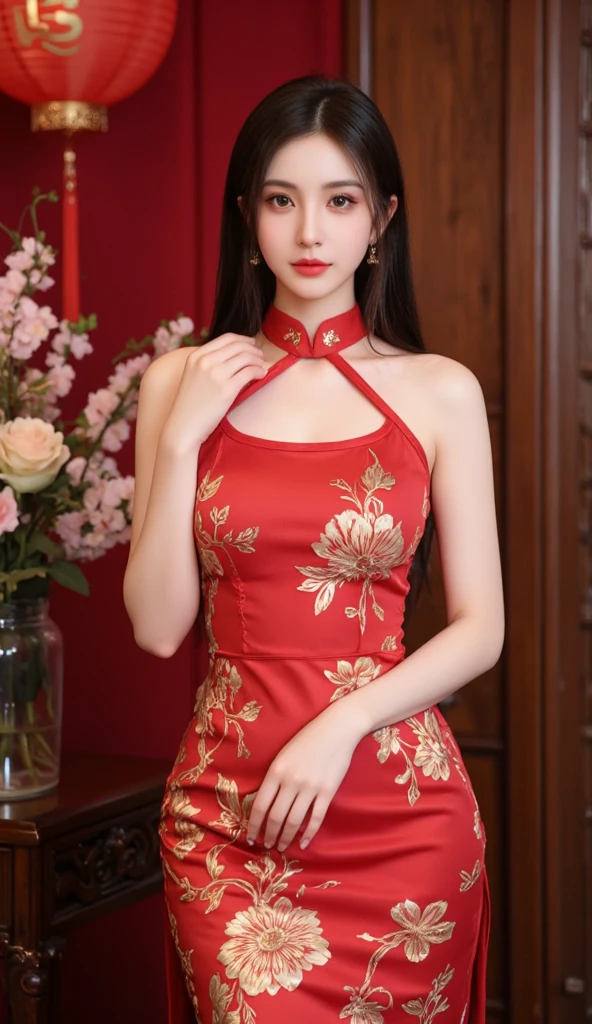 k40hu,, 8k, hd,, k40hu, masterpiece, best quality, Asian, 1girl, slender, brown eyes, seductive look, outdoor, China Town, solo, hoop earrings,
wearing a qipao with thigh highs,