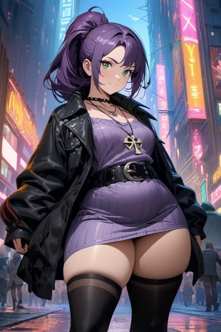 girl ((((thick 1girl)))) ((((thick thighs)))) (caramel skin) short purple hair, elf ears, beautiful brown eyes, cute top, pleated skirt, blushing deeply, large breasts, very embarrassed expression, seductive, cyberpunk setting,