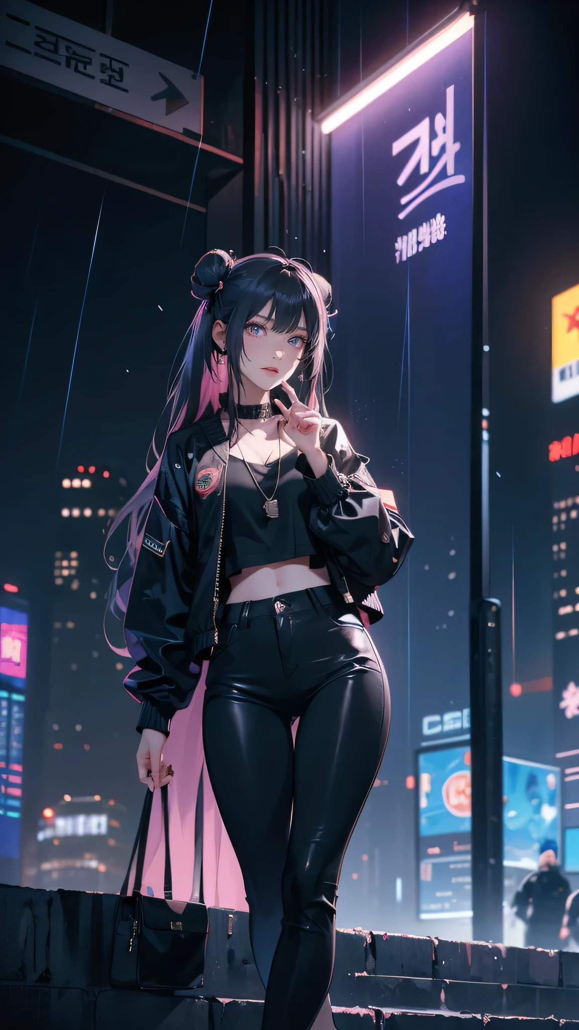 masterpiece, high resolution, beautiful woman, Korean Beauty, 30 years old, (cyberpunk jacket, black shirt, black pants, Neckless), (Black hair, twin bun), (Blue inner hair), beautiful woman, smile face, looking at me (high resolution face),(Perfect finger), (high resolution eyes), (The background is in the room)、(Glare)、Feet Focus, Displeased, (Background : night, garden lamp, cyberpunk city , Rain,)