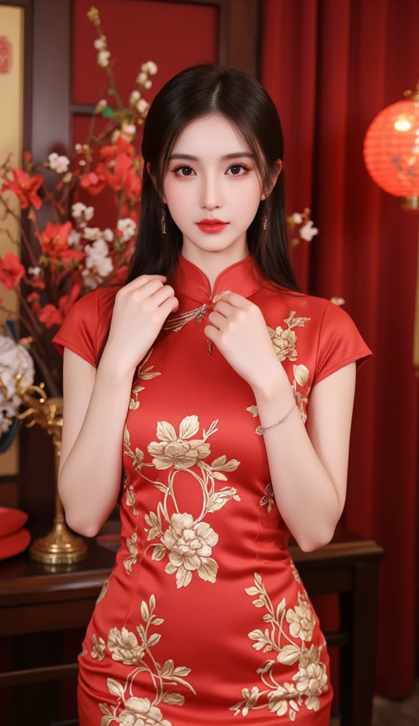Arabian Asian woman in red dress sitting at table, wearing a red China dress, China dress, Gorgeous Chinese Model, 古代Chinese Costumeを着て, China dress, Chinese style, Chinese Costume, Traditional Chinese, Traditional Chinese clothing, Wearing Ancient Chinese Clothing, Graceful smile pose, Chinese Girl, Trending on cgstation, Chinese women, Shashi