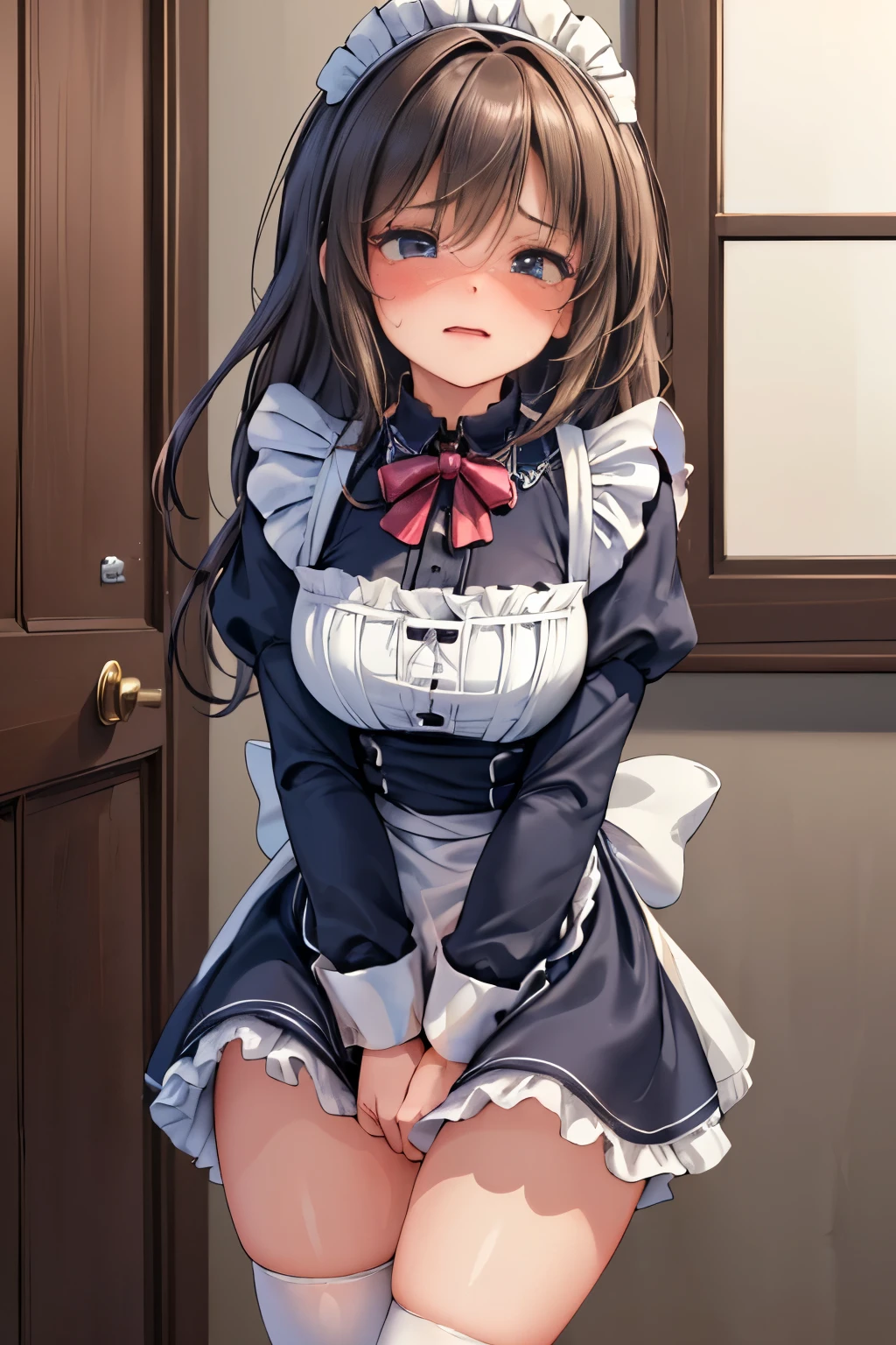 (8K, ultra-detailed, best quality, ultra-detailed face, anatomically perfect figure, extremely detailed beautiful girl:2), (SIGMA 50 mm F/1.8, 1/10 sec shutter, award-winning photo), beautiful small breasts, shiny skin, (have to pee), (Disheveled hair:1.4), (unable to hold pee anymore desperate look:1.3), (squinting face:1.2), (She needs to urgently pee so badly:1.4), (Standing:1.4), (She urge to pee restless shuffling rubbing her legs them together:1.7), (She extremely frantically hold her crotch along with her Steampunk maid:1.9), (She restless wiggling her body restless swinging her hips and waits desperately holding pee for her turn to use the restroom:1.8), (wearing lace stockings:1.1), (panting), (full face blush), (embarrassment:1.3), (impatience:1.6), (flustered:1.3), (focus shoes:1.1),