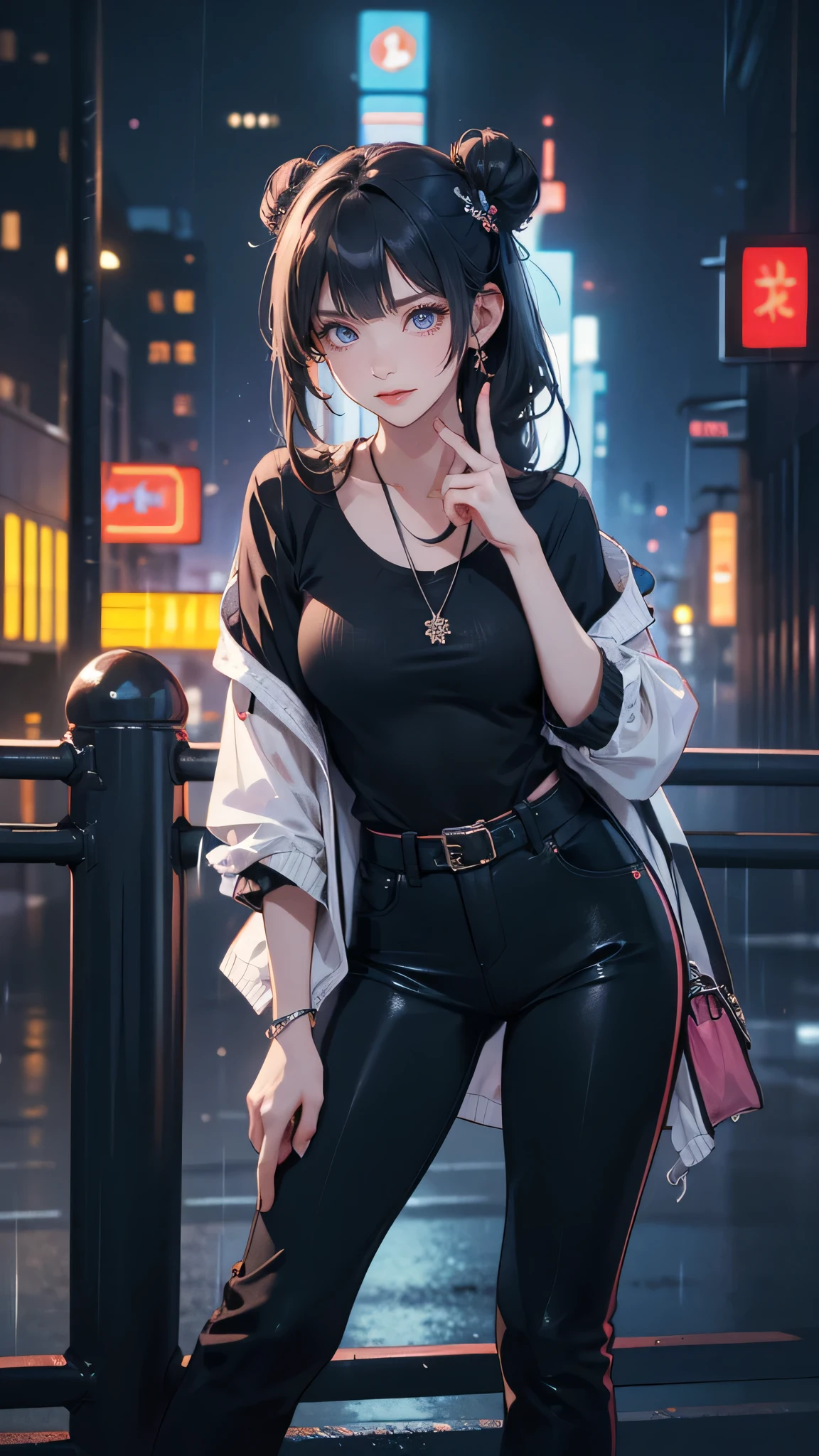 masterpiece, high resolution, beautiful woman, Korean Beauty, 30 years old, (cyberpunk jacket, black shirt, black pants, Neckless), (Black hair, twin bun), (Blue inner hair), beautiful woman, smile face, looking at me (high resolution face),(Perfect finger), (high resolution eyes), (The background is in the room)、(Glare)、Feet Focus, Displeased, (Background : night, Bridge, cyberpunk city , Rain, leaning against the fence)