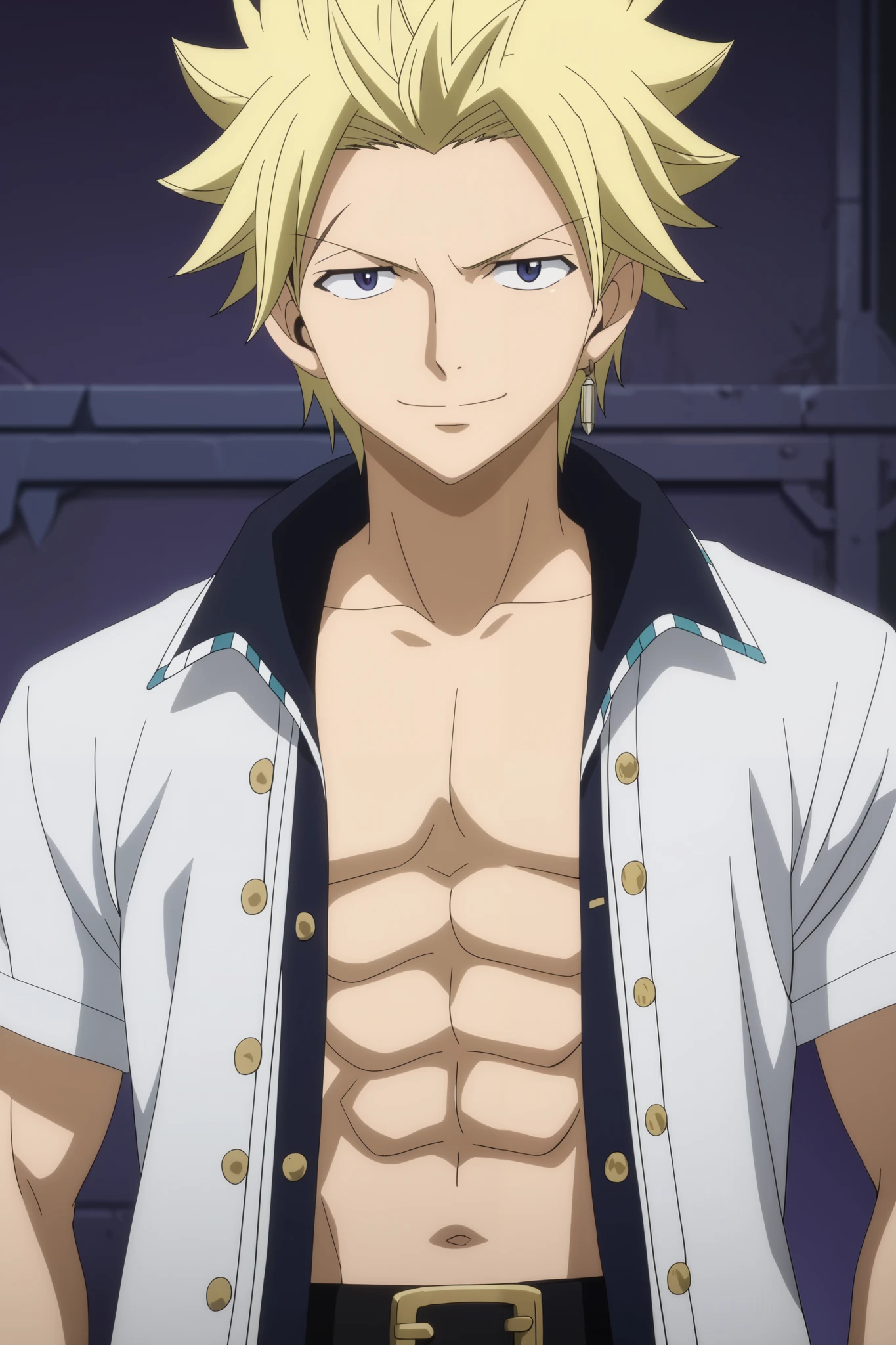 front view, Frontal portrait, close-up, looking at viewer, score_9, score_8_up, score_7_up, source_anime, StingFT, Sting blonde hair, light yellow Sting, 1boy, male focus, anime screencap, a white men's jacket with black details, which fits his athletic figure. Underneath, he wears a black long sleeved T-shirt. His pants are dark and tight fitting, and he completes the look with white fingerless gloves that add a modern touch. He also usually wears a belt with a decorative buckle. Official style, smile, happy