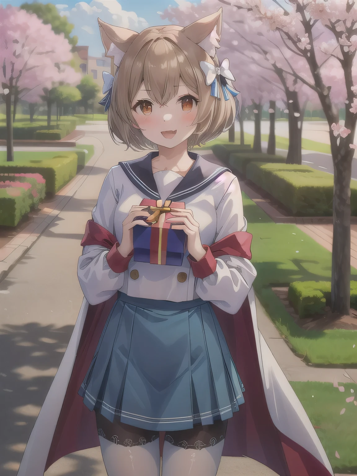 Anime girl in a blue skirt holding a present in a park - SeaArt AI