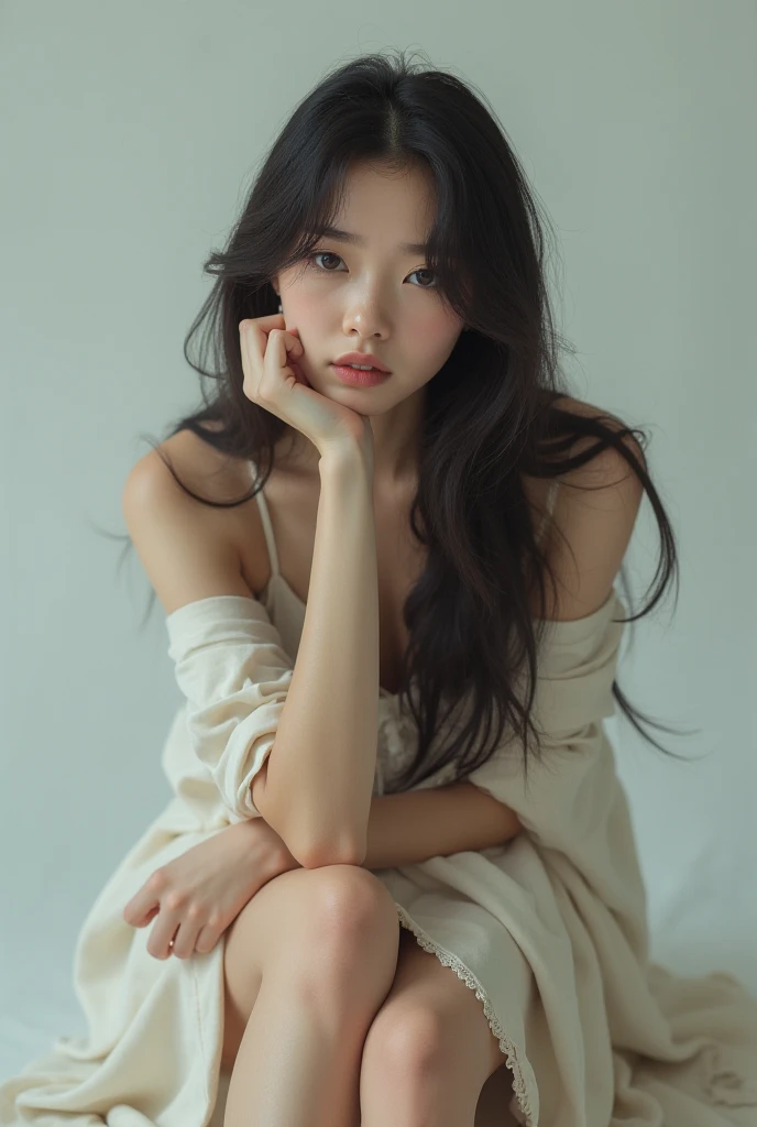 A korean girl with long weavy hair sits with her legs stretched out, taking a realistic photo