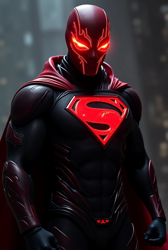 create an image of a male superhero named scarlet with a reality gem with a costume similar to black panther and moon knight and a mask similar to covid without a cape