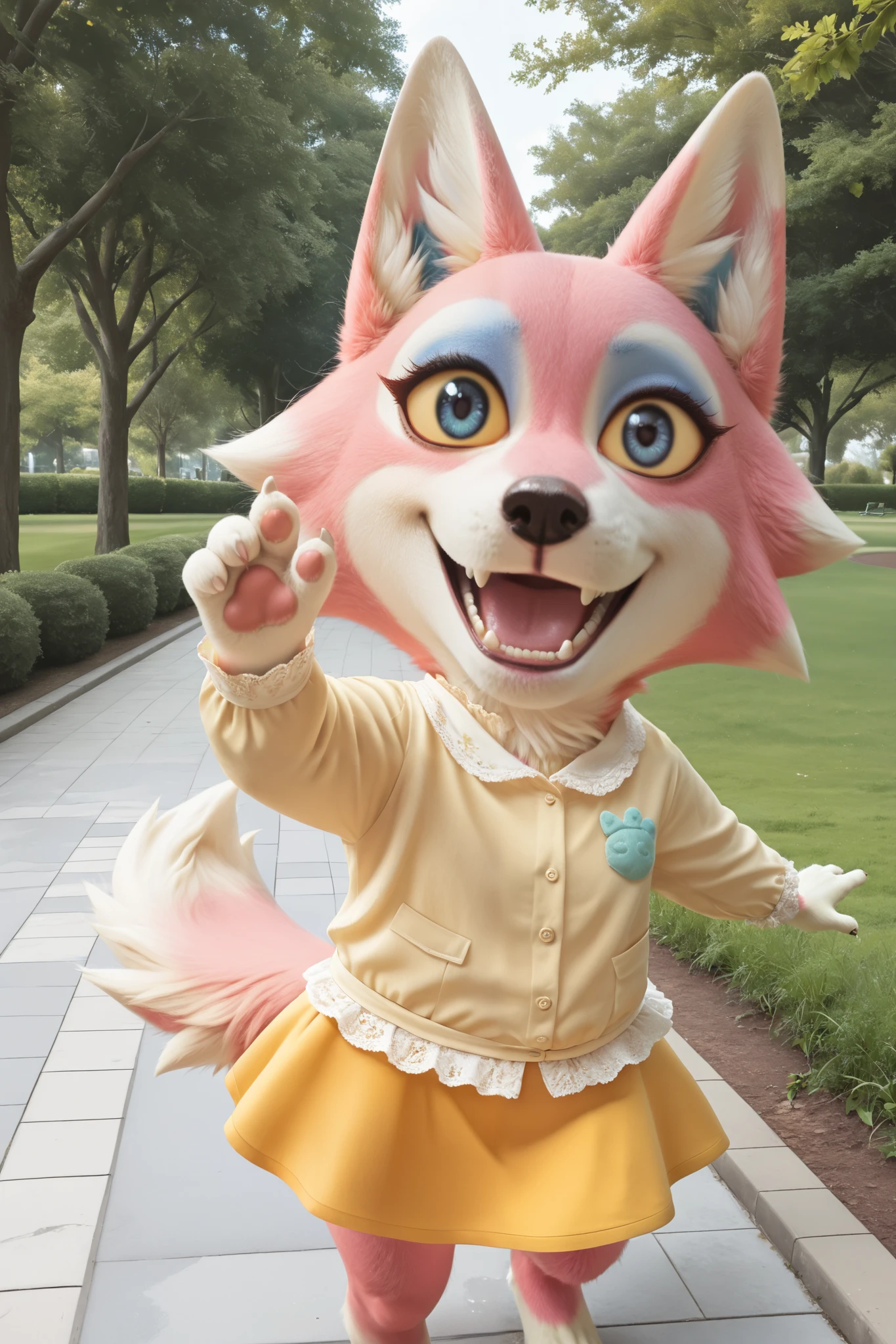 masterpiece, best quality, amazing quality, very aesthetic, high resolution, ultra-detailed, absurdres, newest, photorealistic , hyperrealism, photography, realistic BREAK 1girl, solo, Fr3ya, anthro, furry female, pink fur, blue eyes, colored sclera, yellow sclera, blue eyeshadow, wolf tail, yellow shirt, yellow skirt, standing, looking at viewer, open mouth, smile, happy, outdoors, park