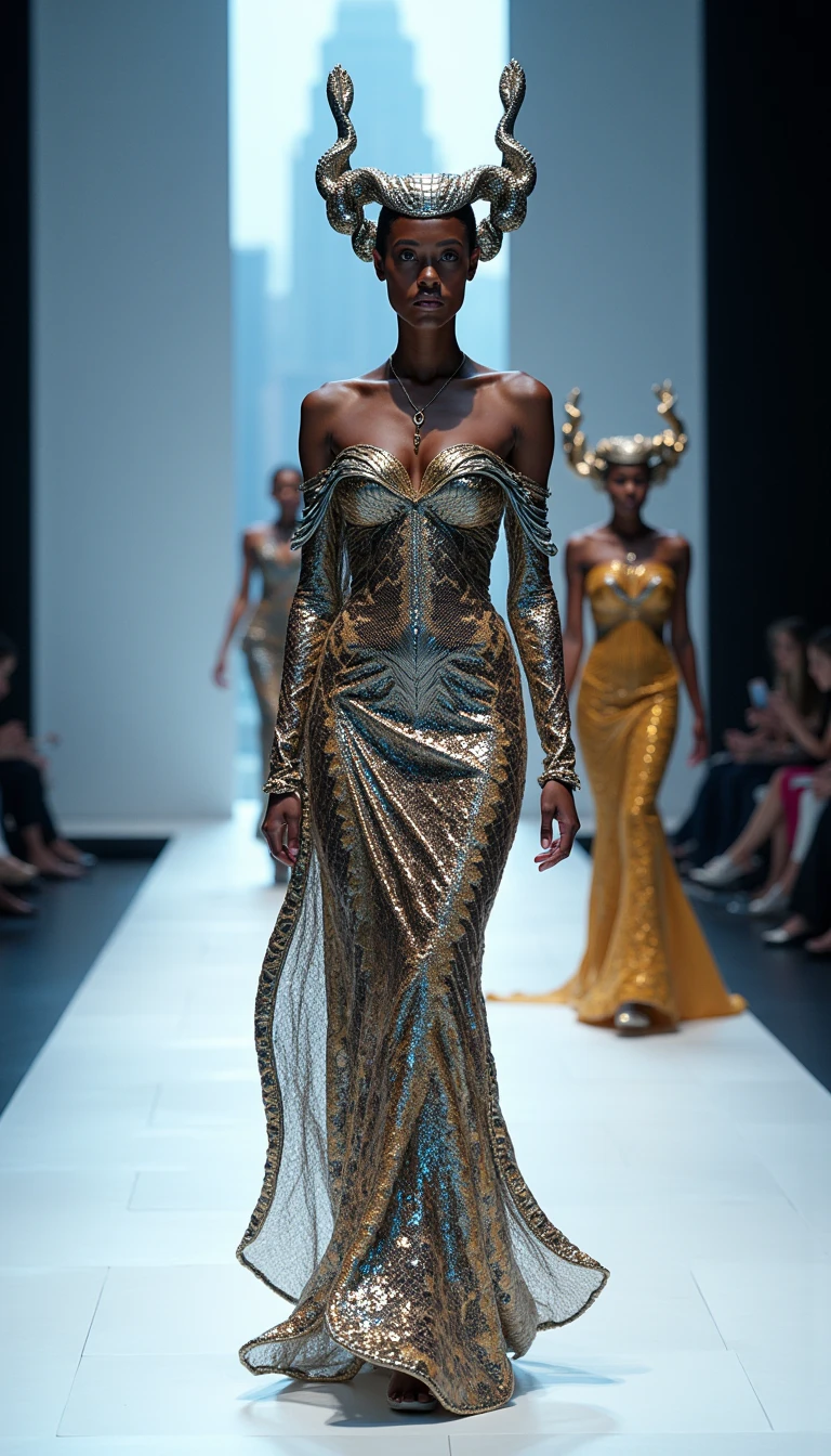 cinematic, photo, a young african woman dressed in a big transparent dress made of glass, catwalk in Paris, louvre, maison margiela, fashion movie, shot on Arri Alexa with a Canon FD 50mm f/1.2 lens, realistic skin,