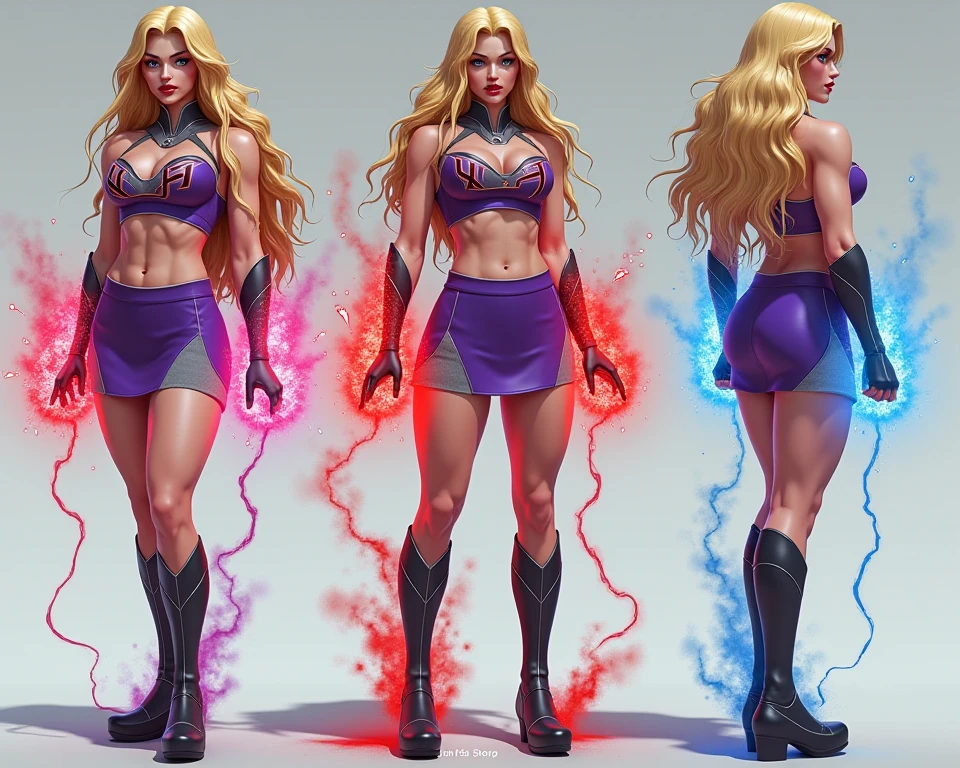 GORGEOUS superhero WOMAN , TALL WOMAN BODY, TALL WOMAN, STRONG CURVY ATHLETIC BODY, MUSCLES, BLUE PINK COSTUME, THONG BODYSUIT, GOLD DETAILS, EXPOSED GORGEOUS THIGHS, SWEATY GLUTES, STRONG GLUTES, GOLD TENIS, GOLD GAUNTLETS, HUGE LONG BLUE GREEN PINK HAIR, HAIR, BRAIDED HAIR STYLE, EXPRESSIVE LIGHT YELLOW EYES, HIGH CHEEKBONE, ROSY CHEEKS, STRAPLESS BODYSUIT, FULL BODY PERSPECTIVE, SIDE BODY VIEW, WAR CENARY, SENSUALITY, MITHOLOGY, MASTERPIECE