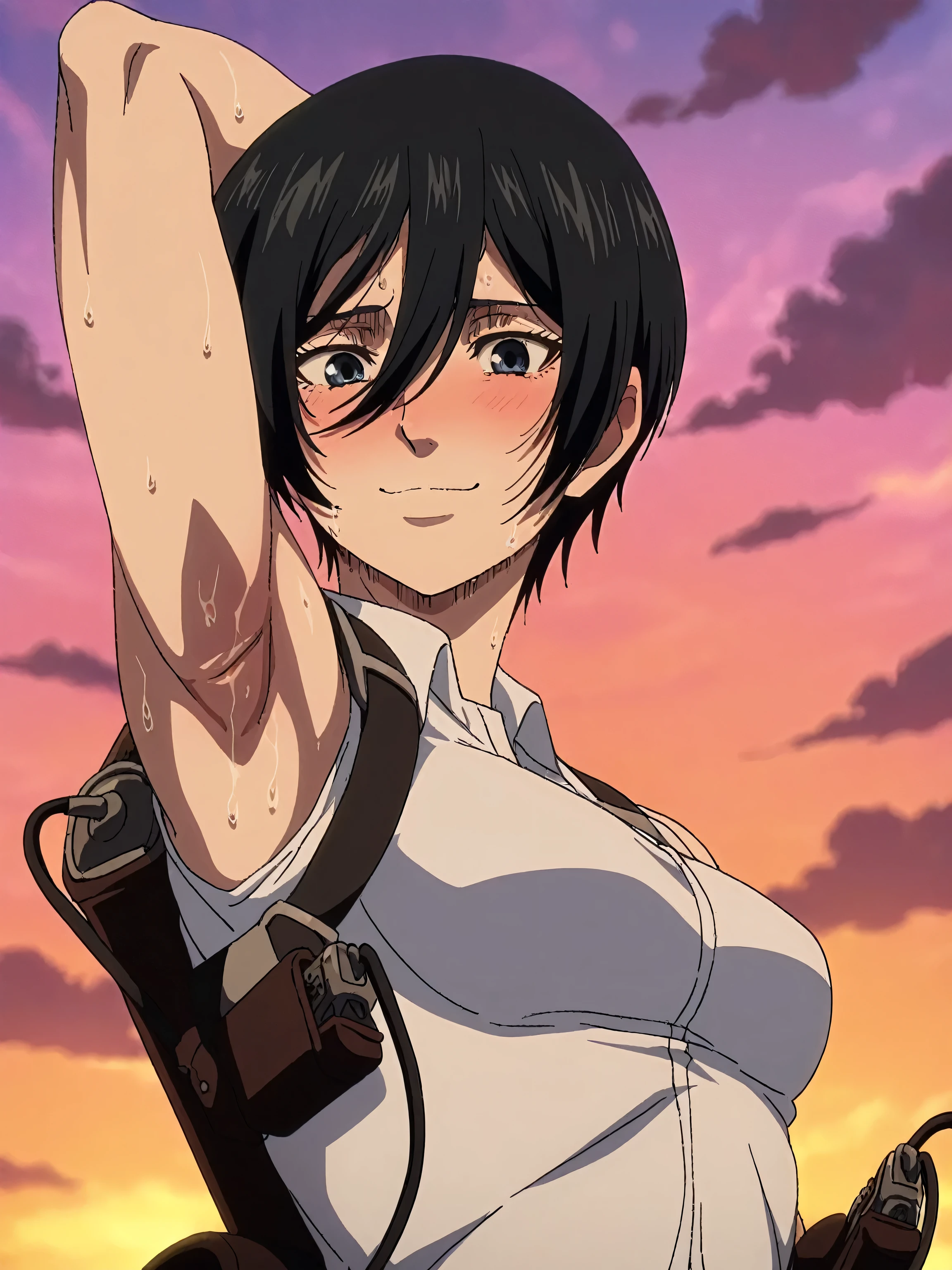 masterpiece, best quality, amazing quality, anime screencap, 1girl, solo, mikasaIL, short hair, hair between eyes, black hair,black eyes, three-dimensional maneuver gear, strap, sleeveless, bare shoulders, bare arms, arm behind head, armpit, head towards viewer, looking at viewer, smile, closed mouth, outdoors, sunset, (sweaty:0.8), blush, armpit up close, close-up of armpit, presenting armpit, armpit focus, from side, from below