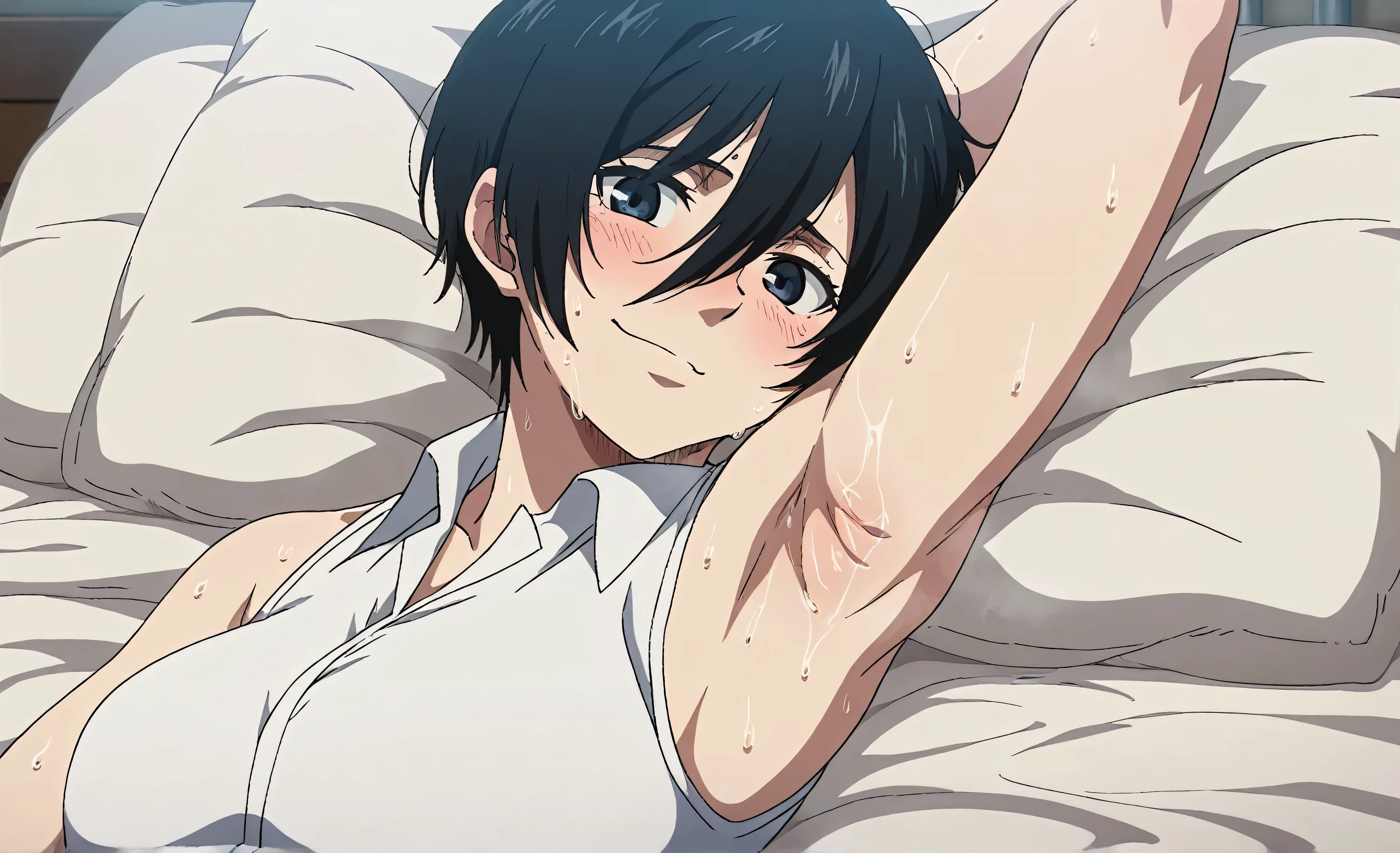 1 little girl Iris high resolution ((Full nudity)) (sad:1.3) (s old) ((Concrete basement)) Black Background (Wet and disheveled black hair) ((Close-up of face while lying on bed)) (Sweat) ((Lean, slender body)) ((With a naked man))