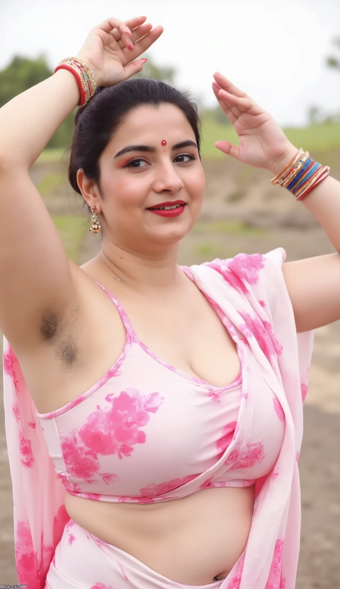 Indian beautiful woman sexy bhabhi, Copper colour strapless Sleeveless blouse,very deep cleavage,curvy plus size model wearing transparent white pink floral color saree ,Copper colour satin glossy strapless sleeveless blouse, plenty of red and white bangles in hand,bindi on fore head,facing to camera in standing Underarm,((Always raise your arms、Let's expose the underarm))(Armpits are wet and shiny) ndian beautiful woman sexy bhabhi, Copper colour strapless Sleeveless blouse,very deep cleavage,curvy plus size model wearing transparent white pink floral color saree ,Copper colour satin glossy strapless sleeveless blouse,curvy plus size figure,big large m-cup breasts, deep cleavage, huge breasts, side bun hairstyle, bright eyes, thin eyebrows, fair skin, blushing cheeks, prefect ,head to thighs view, head to thigh view, bright sunlight,1girl, solo, flirt, seduce pose, pleasure expression, languid breathing,1girl, Solo, High Resolution, Long Hair, Breasts, Looking at viewer, Blush, Smile, High Resolution, Masterpiece, Accurate, Anatomically Correct, Award Winning, Best Quality, Detail, HD, High Details, High Quality, Quality, Retina, Super Detailed, Textured Skin, UHD, Long Hair, Breasts, Large breasts, Earrings, Blush, Smile, Blurry, Perfect hands,Sparkle, Depth Of Field, Motion Lines, Foreshortening, Lens Flare, Backlighting, Emphasis Lines, Motion Blur, Silhouette, Speed Lines, Bokeh, Film Grain, Drop Shadow, Diffraction Spikes, Bloom, Caustics, Vignetting, Scanlines, Overexposure, Optical Illusion, Chiaroscuro, Image Fill, Chromatic Aberration Abuse, Cinematic Lighting, God Rays, Glowing Light, Halftone, Abstract, Ukiyo-e, Minimalism, Impressionism, Minimalism, Illustration, Art Deco, 8K Octane, 3D Rendering, Abstractionism, Abstract Expressionism, American Propaganda Poster, Anime Style, Apocalypse, Art Nouveau, Baroque, Artistic, Baroque, Behance, Blind Box Toy Style,