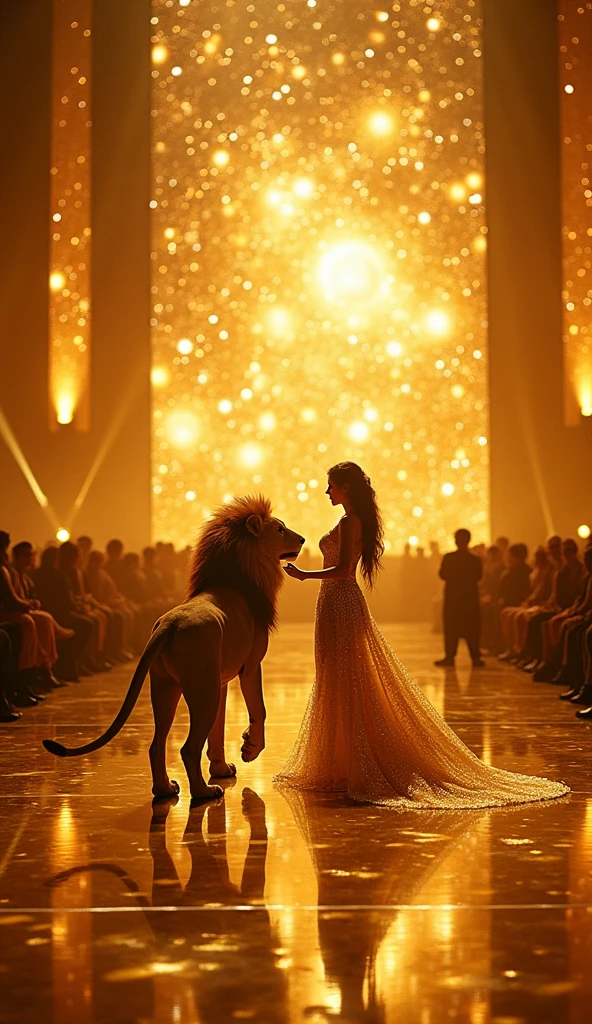 in the background women dancing and the two women in the foreground look at the lion