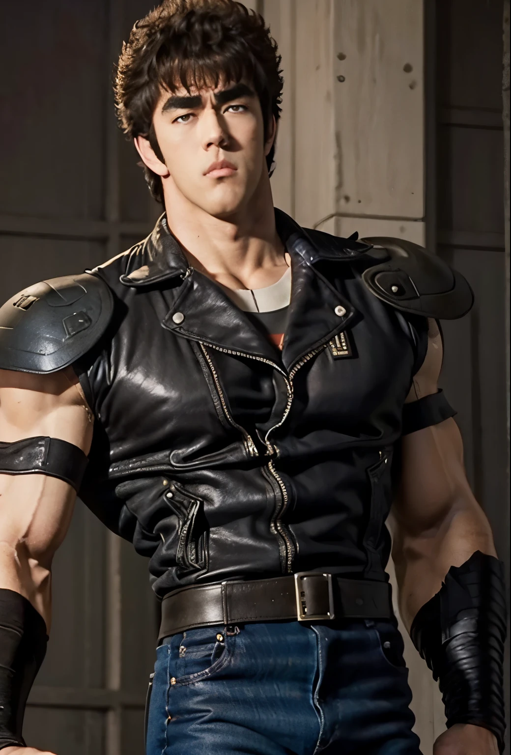 From front,, (( Kenshiro's Hairstyle , Short messy hair)), Brown Hair, thick eyebrows,