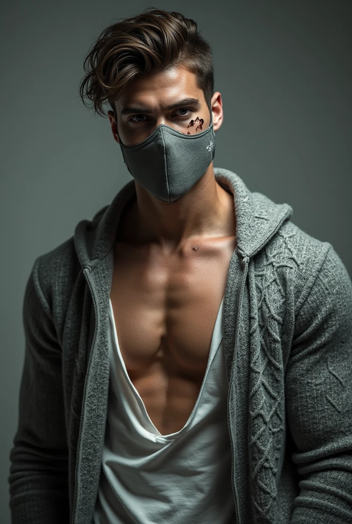 a hot man wearing a full face mask not showing his face, took place in a photo studio with good background and pose, single man, looking realistic, atheltic but not much muscular body being able to look hot in both genders, in the photo will be only one guy with not much atheltic body and a good angle