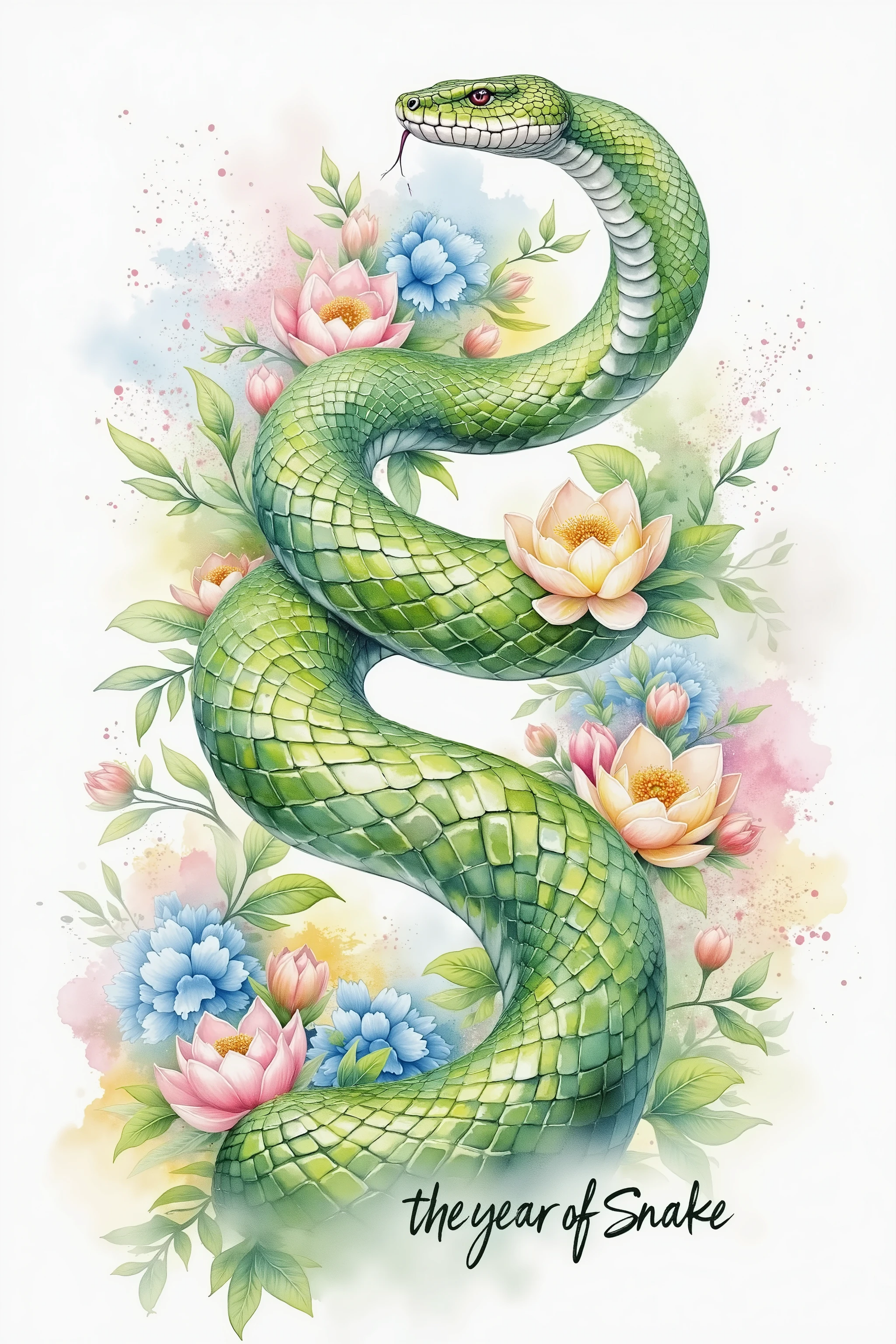 ink watercolor of a green snake, color splashing, pastel coloring, intricate detailed, Painting has text "The Year Of Snake" in the bottom