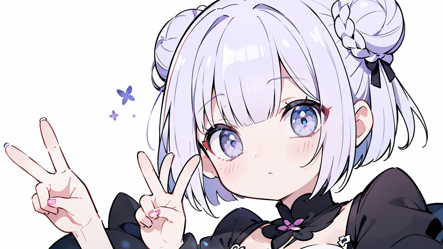 1 girl 、 top quality、 Masterpiece、 light purple hair with hair tips、 bob cut、(( 2 buns on the side of her head ))、 fuchsia eyes 、 Delicate Eyes、 cute little、 side of head 、((One-handed peace sign))、(( a mix of black and white:1.2))、On、[[[[Finger fracture ]]]]