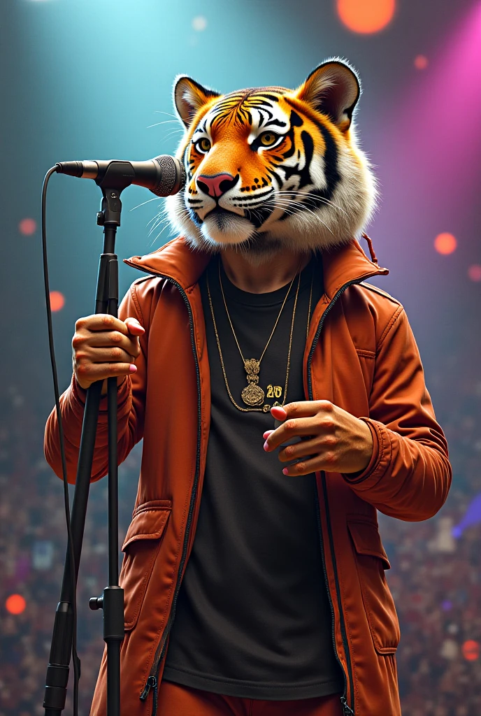 an anthro tiger DJ, on stage with turntables, crowd, Lazer lights, club at night