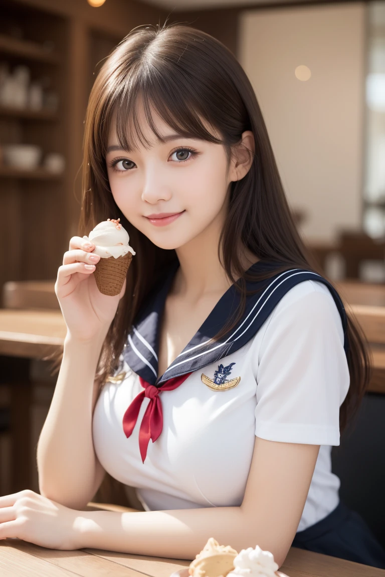 Pubic hair grows、Smile full of happiness、((Looks happy:1.3))、Pink Panties、、Panting face、Lacking、school girl outfit(Plaid miniskirt)、a sailor suit、Sweating、Expression in a state of excitement、short-hair、eye glass、((Licking soft-serve ice cream:1.3))、((pulling panties down:1.3))