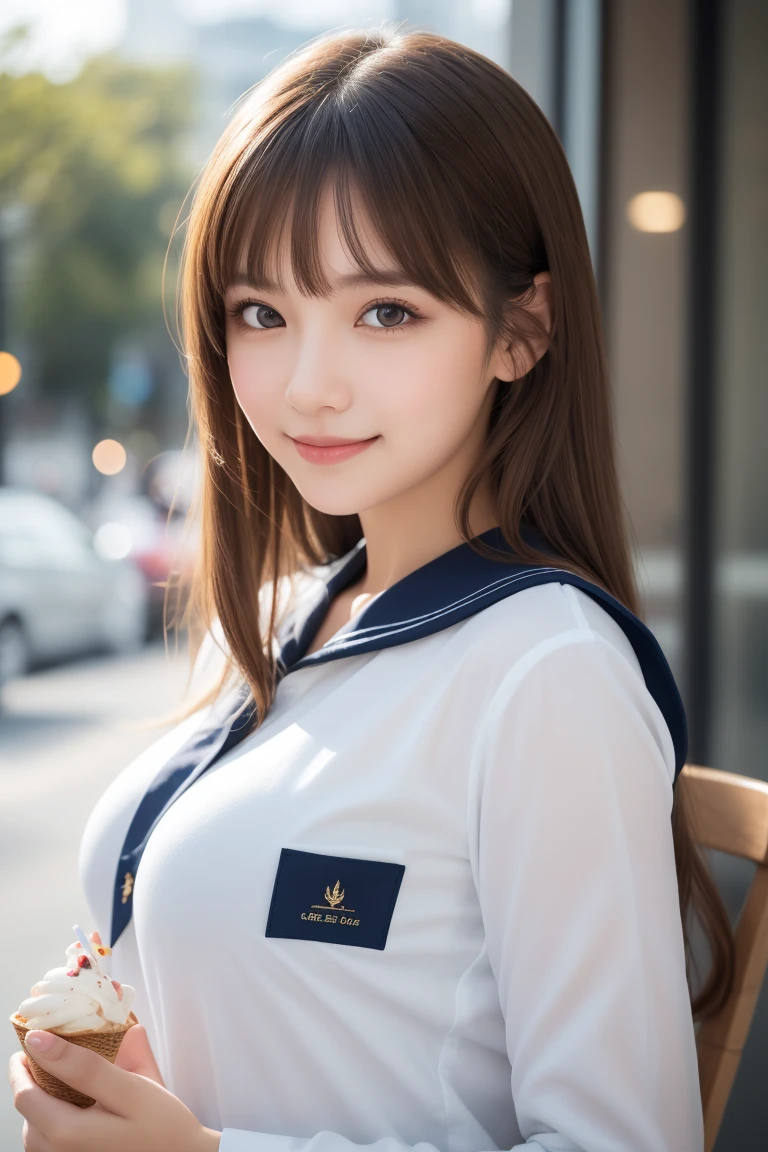 8k、highest quality、Like a real photo、masterpiece、Product quality, One Girl,, Young and beautiful woman in Japan, Long Bob Hair, attractive appearance,, High resolution, High detail, Detailed hairstyle, Detailed face, Great cinema lighting, Octane Rendering, Vibrant, Ultra-realistic, Perfect limbs, Perfect Anatomy、17 years old、her hair is light brown.、Cool clothes、In the background is a cafe terrace、Natural color lip、Attractive eyes、Eye color is blue、the ears are hidden by the hair、Double teeth、Yawn