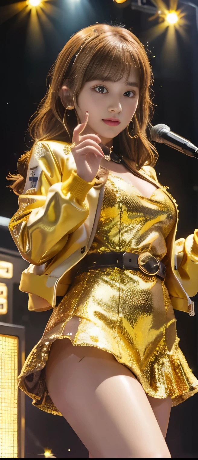 pure idol girl(honey brown hair)、A pure girl's face、 hypo、 gold jacket 、sequin tight mini dress、Bee belt 、、 glowing honeycomb town