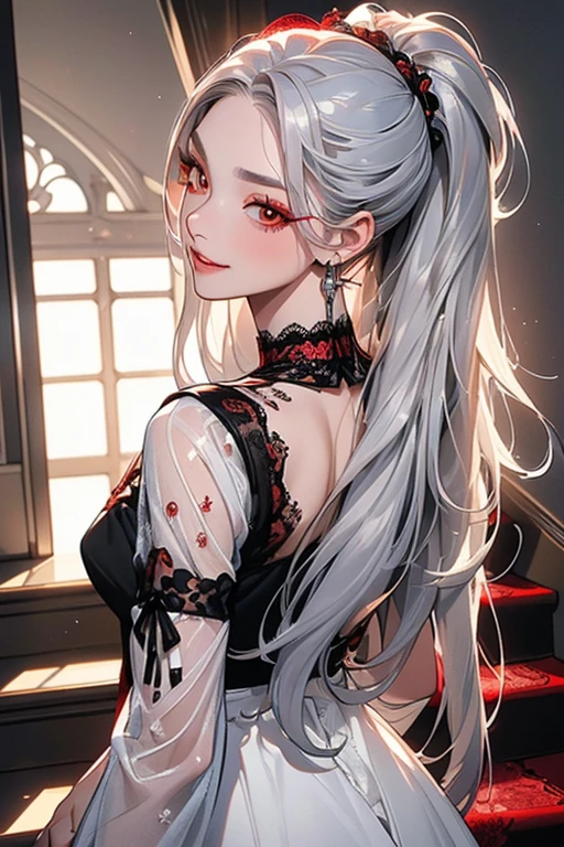 A young woman with long, flowing silver hair and piercing red eyes sits with her chin resting on her hand, gazing thoughtfully at the viewer. She is dressed in a red and black outfit with intricate details and a touch of lace, giving her a sophisticated and mysterious air. The lighting is warm and soft, highlighting her features and creating a sense of intimacy.

[Anime style, detailed and realistic, inspired by the works of Mihoyo and Pixiv artists], [soft lighting, warm colors, smooth textures, slight blur effect on the background, shallow depth of field]