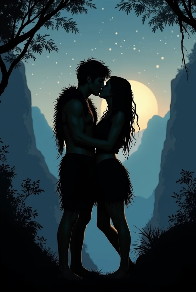Ethiopian Couples, medium sized man and slim girl fucking on a grass at dusk and sowing an affection to each other. The moon shines on them and there is also a walking cattles to its destination.
