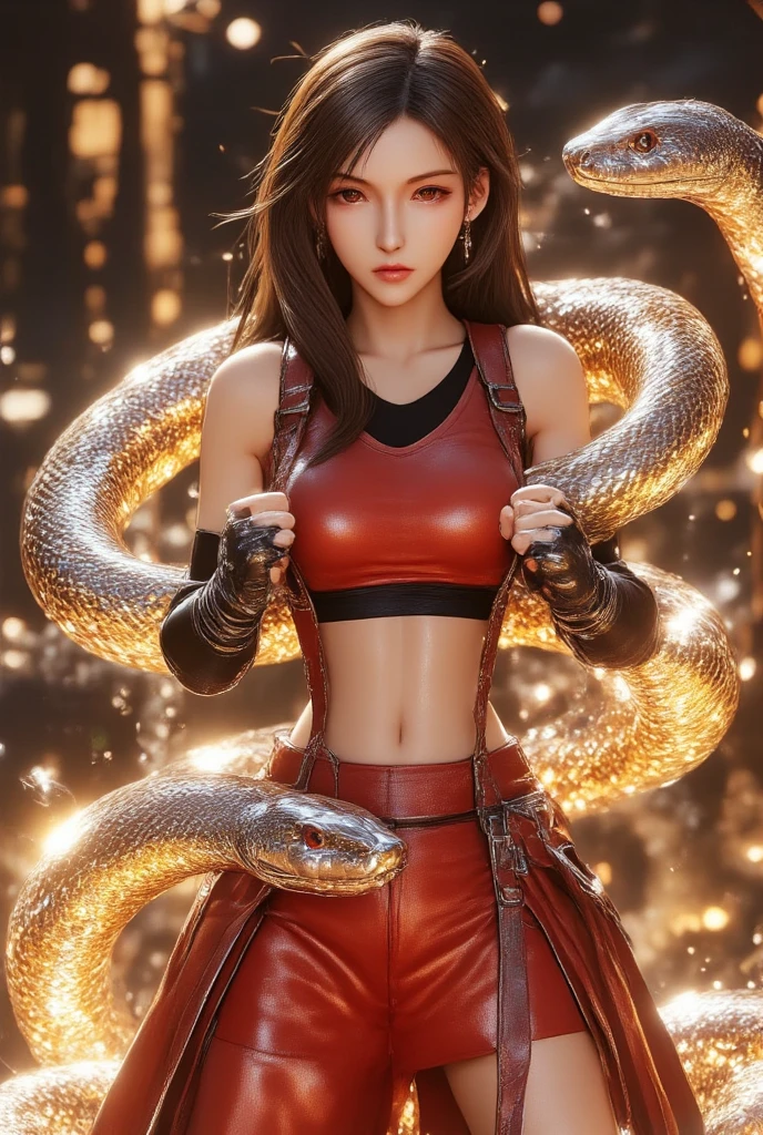 realistic fullbody photo,tifa from finalfantasy7,Fist clasping, goldens snakes wrapped around her arms,TifaLockhart
croptop, skirt, suspenders, fingerless gloves, in style of red and yellow, new year style