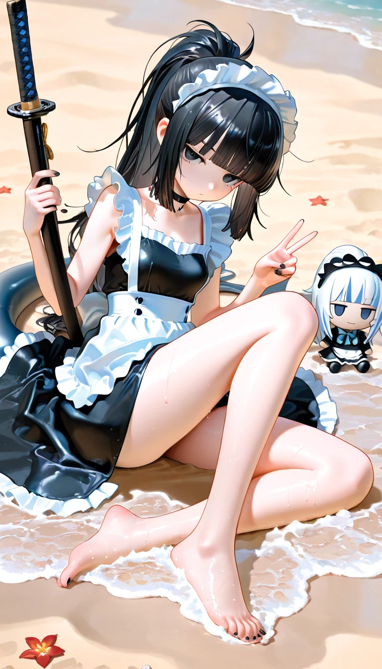 Youmu konpaku with transparent wet skirt in the beach, ultra realistic, twerking, bottom up, back sit view, epic perspective, , ahegao