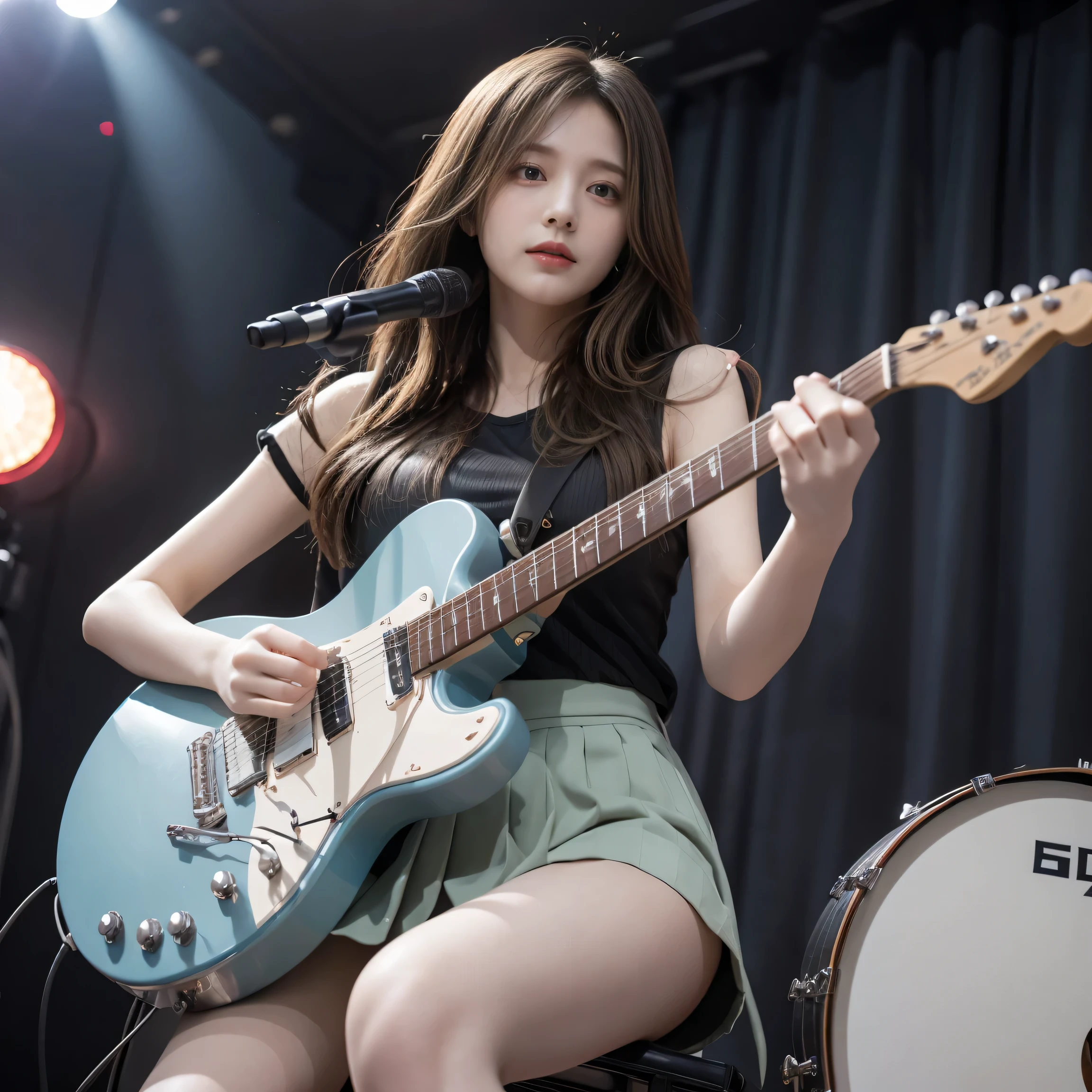 (( Masterpiece,   best quality))1 girl,  alone,  black dress ,  blue eyes, electric guitar, guitar, earphones,  double ponytail, hold, hold plectrum,  tools , Long hair, song,  one side up ,  blue-green hair , Double End , กำลังเล่นguitar, Pleated skirt,  black shirt, inside