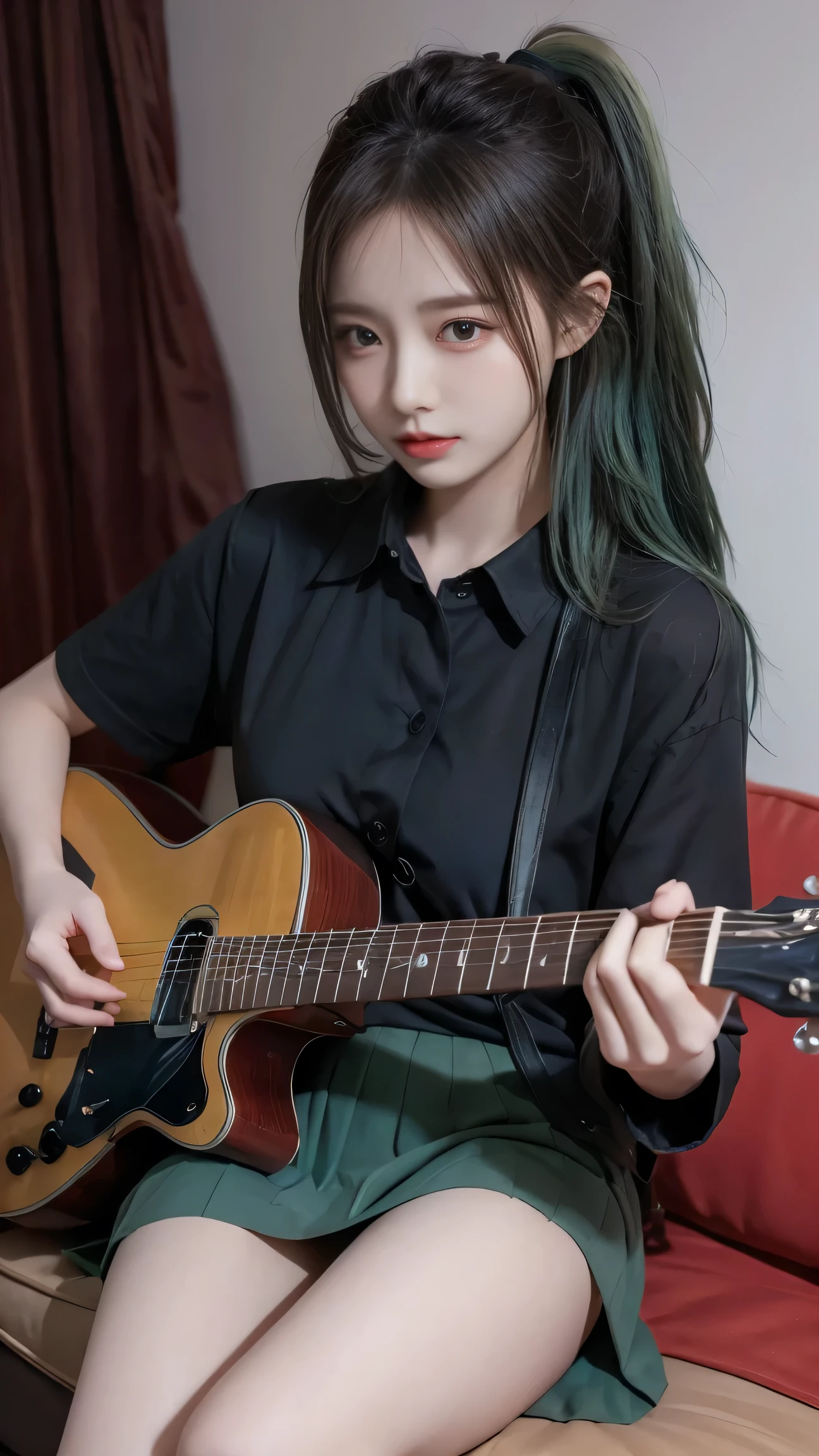(( Masterpiece, best quality))1 girl, alone, black dress , blue eyes, electric guitar, guitar, earphones, double ponytail, hold, hold plectrum, tools , Long hair, song, one side up , blue-green hair , Double End , กำลังเล่นguitar, Pleated skirt, black shirt, inside