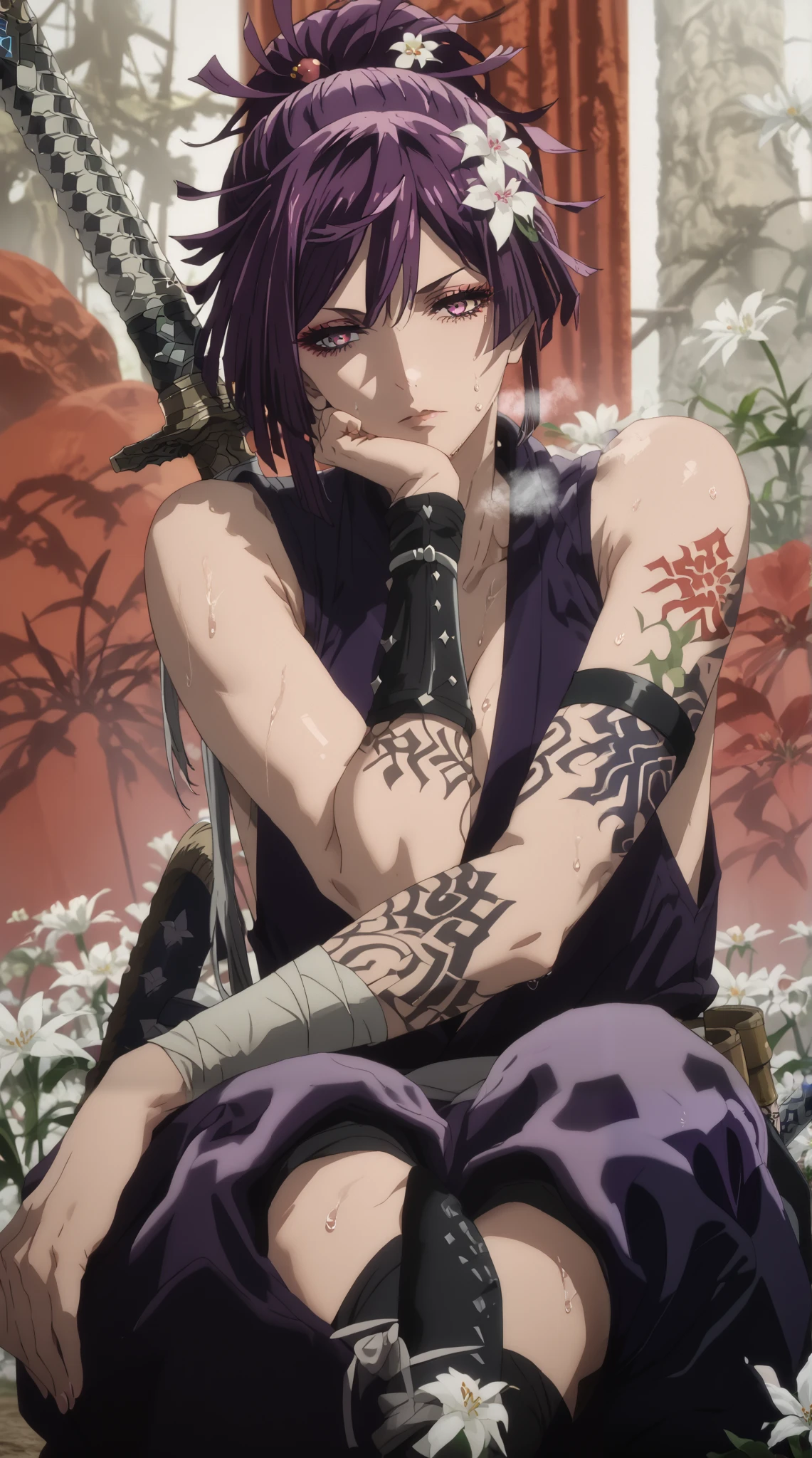 flatshinyskin, score_9, score_8_up, score_7_up, score_6_up, uncensored, yuzuriha, hair ornament, purple eyes, ponytail, purple hair, large breasts, bright pupils, anime coloring, anime screencap, (voluptuous:1.3), (thick:1.3), BREAK UHD, retina, masterpiece, accurate, anatomically correct, textured skin, super detail, high details, high quality, award winning, best quality, highres, 4K, excessive sweating, sweating, sweating drop, (gasping, heavy breathing:1.3), (skindentation:1.2), perfect eyes, beautiful eyes, eyelashes, makeup, detailed body, perfect body, BREAK, 1girl, weapon, solo, sword, tattoo, hair_flower, flower, katana, sitting, looking_at_viewer, arm_tattoo, bare_shoulders, head_rest, sheathed, closed_mouth, sheath, japanese_clothes, sleeveless, white_flower, half-closed eyes