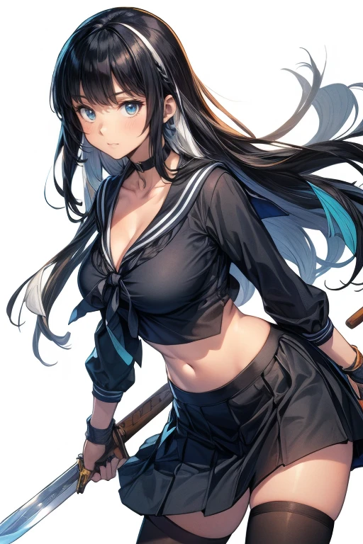 best quality, masterpiece, highres, solo, {agano_kantaicollection:1.15}, long_hair, black_hair, breasts, green_eyes, large_breasts, blush, open_mouth, smile, 1girl, cosplay, elbow_gloves, gloves, hairband, sailor_collar, shimakaze_\(kancolle\)_\(cosplay\), white_gloves, black_panties, crop_top, highleg, highleg_panties, panties, underwear, black_hairband, blue_sailor_collar, skirt, black_neckerchief, blue_skirt, microskirt, miniskirt, navel, neckerchief, pleated_skirt, school_uniform, serafuku, striped, simple_background, striped_thighhighs, thighhighs, thong, white_background