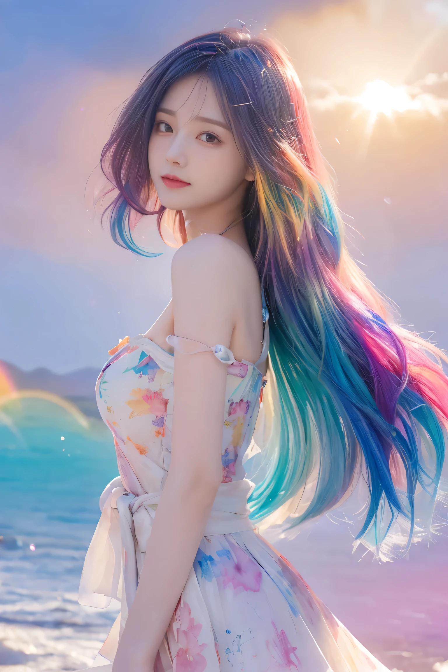 ( Masterpiece, High Quality , best quality, Watercolor (medium), Formal Arts, beautiful and aesthetic : 1.2), ( 1 girl : 1.3), ( fractal art : 1.3), MorningGood morningsmileGood sunny day , cheerful, Viewer , pattern, wave, ( shiny rainbow hair , color Hair: 1.2), sky, , cloud, color, soap bubbles,Aperture F4.0,