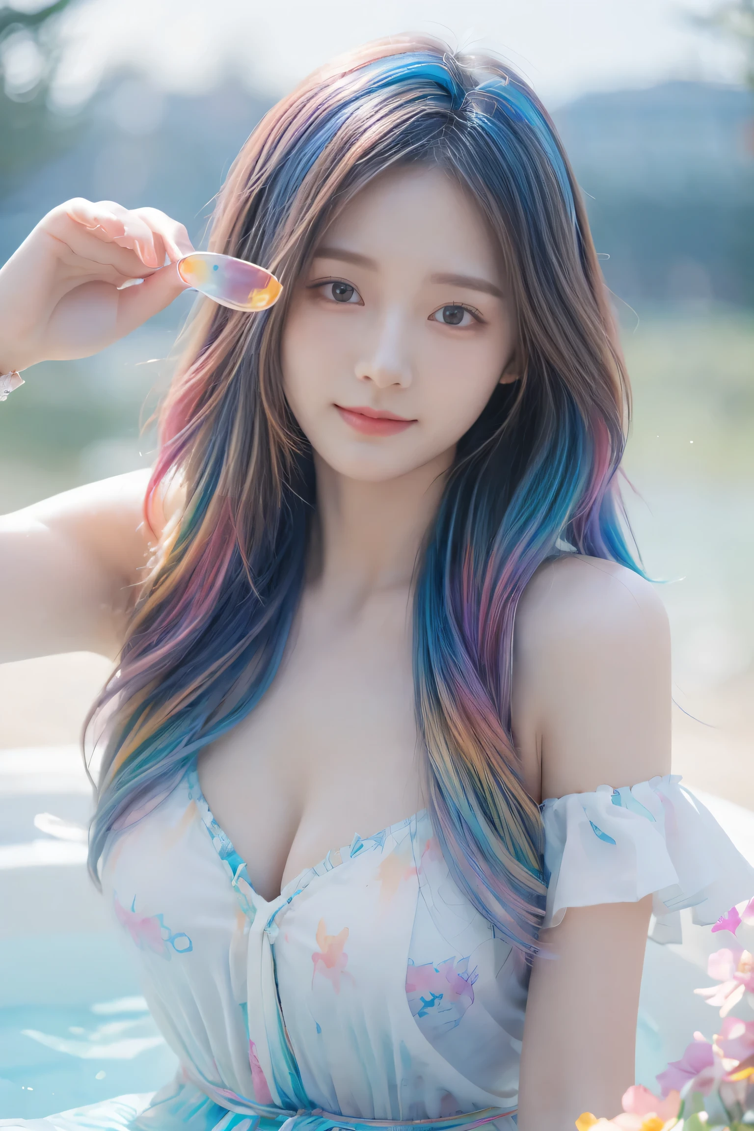 ( Masterpiece, High Quality , best quality, Watercolor (medium), Formal Arts, beautiful and aesthetic : 1.2), ( 1 girl : 1.3), ( fractal art : 1.3), MorningGood morningsmileGood sunny day , cheerful, Viewer , pattern, wave, ( shiny rainbow hair , color Hair: 1.2), sky, , cloud, color, soap bubbles,Aperture F4.0,