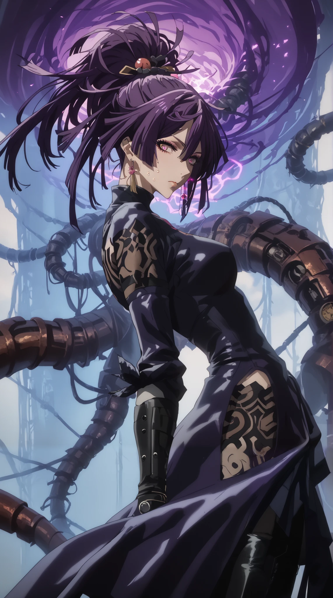 flatshinyskin, score_9, score_8_up, score_7_up, score_6_up, uncensored, yuzuriha, hair ornament, purple eyes, ponytail, purple hair, large breasts, bright pupils, anime coloring, anime screencap, (voluptuous:1.3), (thick:1.3), BREAK UHD, retina, masterpiece, accurate, anatomically correct, textured skin, super detail, high details, high quality, award winning, best quality, highres, 4K, excessive sweating, sweating, sweating drop, (gasping, heavy breathing:1.3), (skindentation:1.2), perfect eyes, beautiful eyes, eyelashes, makeup, detailed body, perfect body, BREAK, 1girl, solo, tentacles, bodysuit, looking_at_viewer, black_bodysuit, breasts, earrings, jewelry, arms_behind_back, huge breasts, cowboy_shot, from_side, closed_mouth, (aura:1.4), cyborg, mechanical, fog