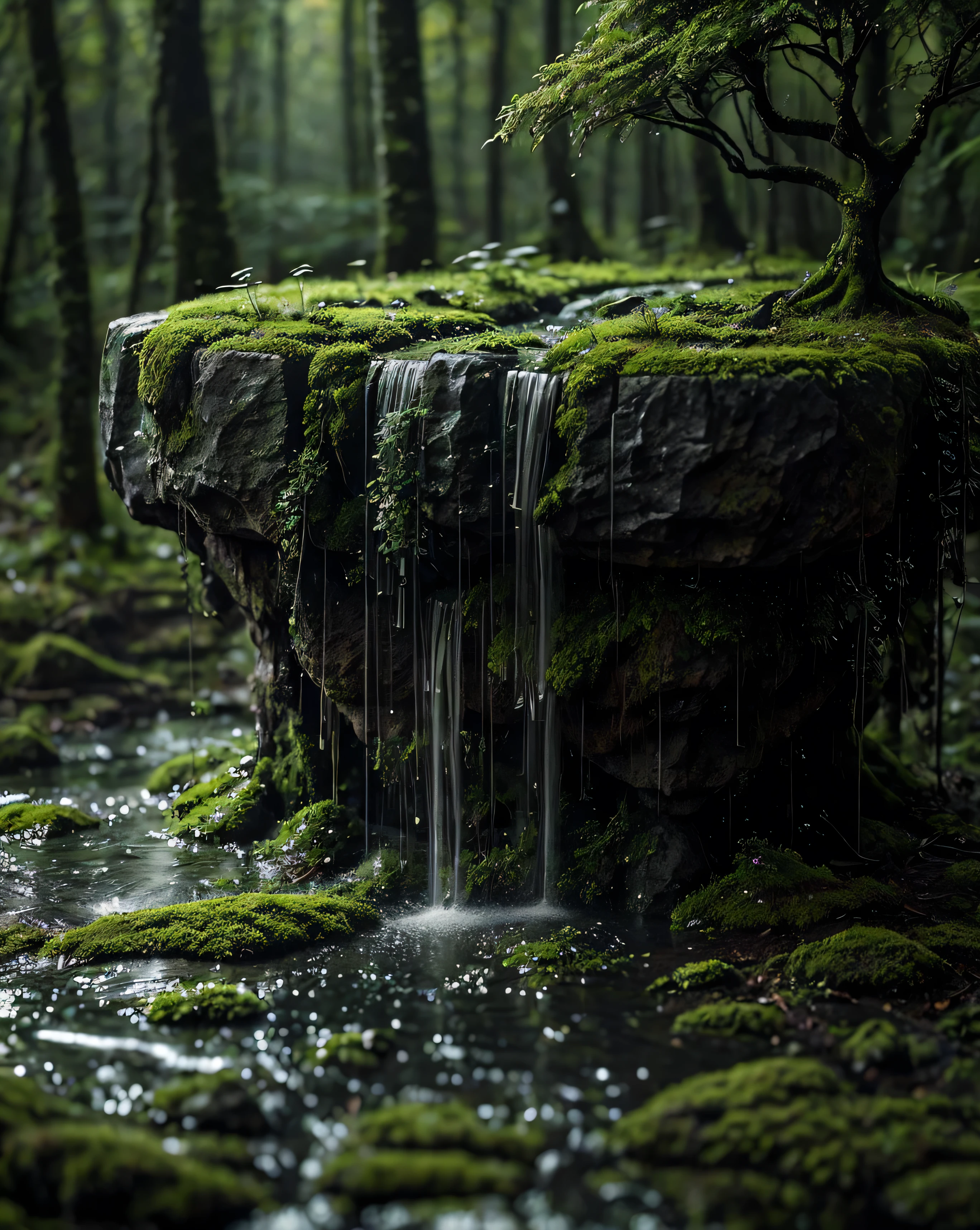  A small lush forest ,  with no human presence .  The foreground appears slightly blurry ,  creating a mysterious depth effect .  An outdoor atmosphere filled with humid air from light rain ,  with a thin mist drifting between the trees .  Wet leaves shimmering in the dim light of autumn ,  with shades of green dominating .  In the distance , majestic towering mountain ,  partially covered in clouds .  The moss-covered boulders add to the natural and mystical impression,  As if this forest harbored an unrevealed story .

